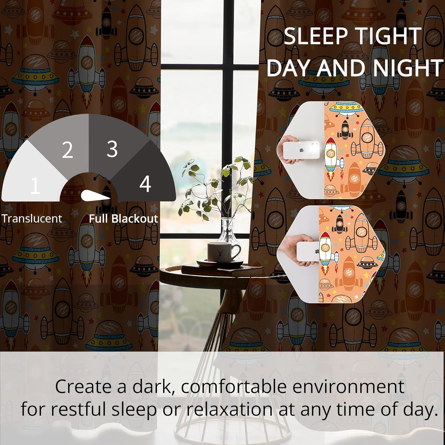 Kids Space UFO Rocket Blackout Curtains - 100% Blackout, Thermal Insulated, Noise Reducing, Perfect for Kids Room and Nursery, 2 Panels (Sunny Space Parade, W52×L84)