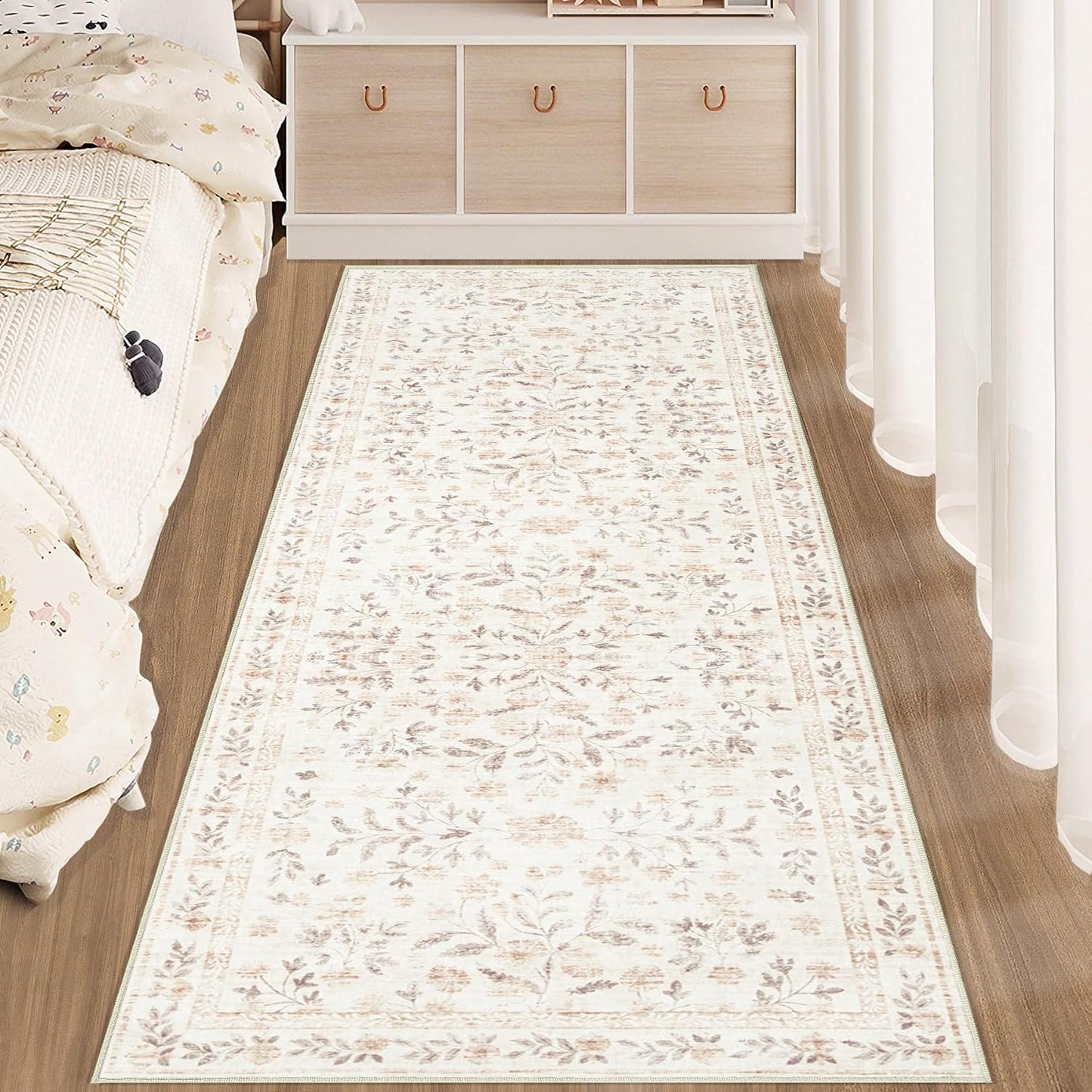 Runner Rug for Hallways 2x6, Washable Boho Runner Rug Non-Slip Kitchen Runner, Soft Low Pile Floral Carpet Runners for Hallway, Bedroom, Bathroom, Laundry, Staircase, Foyer(2'x6', Floral Beige)