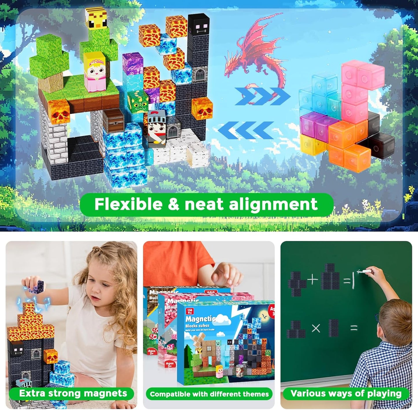 Magnetic Building Blocks - 150PCS Magnet Block Cubes Dark Hell Forest Castle, STEM Toy Building Sets for Kids Age 3+, Montessori Stacking Construction Toys Easter Gift for Boys Girls Age 4-8, 8-12