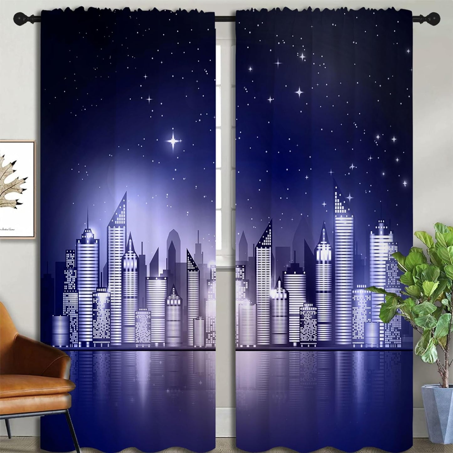 City Rod Pocket Blackout Curtains for Boy Girl Bedroom, New York Skyline Modern City Starry Sky Night View Home Energy Efficient Light Filtering Window Curtain for Living Room, 84x84 inch