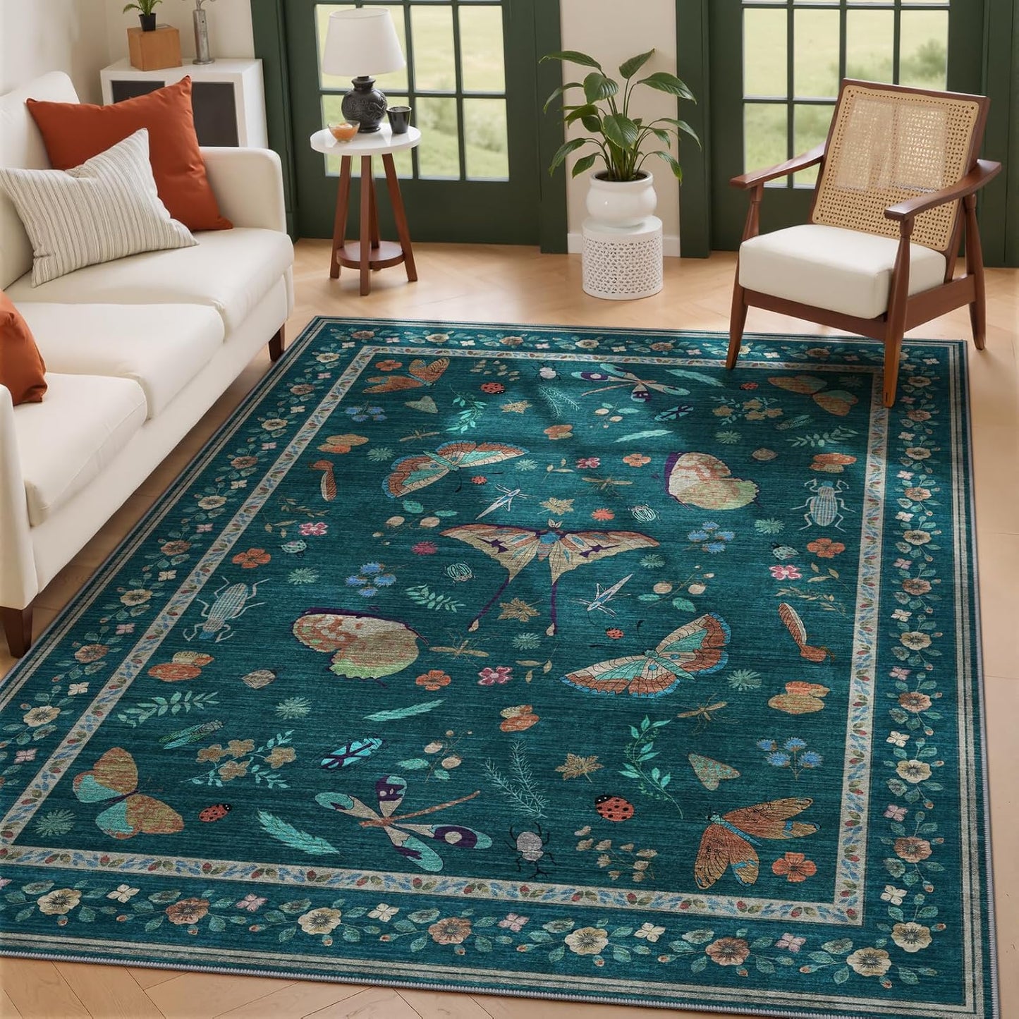 6x9 Rugs for Living Room with Insect Print - Bug Rug Non-Silp Stain Resistant Soft Carpet for Bedroom, Low Pile Ultra-Thin Machine Washable Carpet for Dining Room, Kids Nursery, Office (6'x9' Teal)