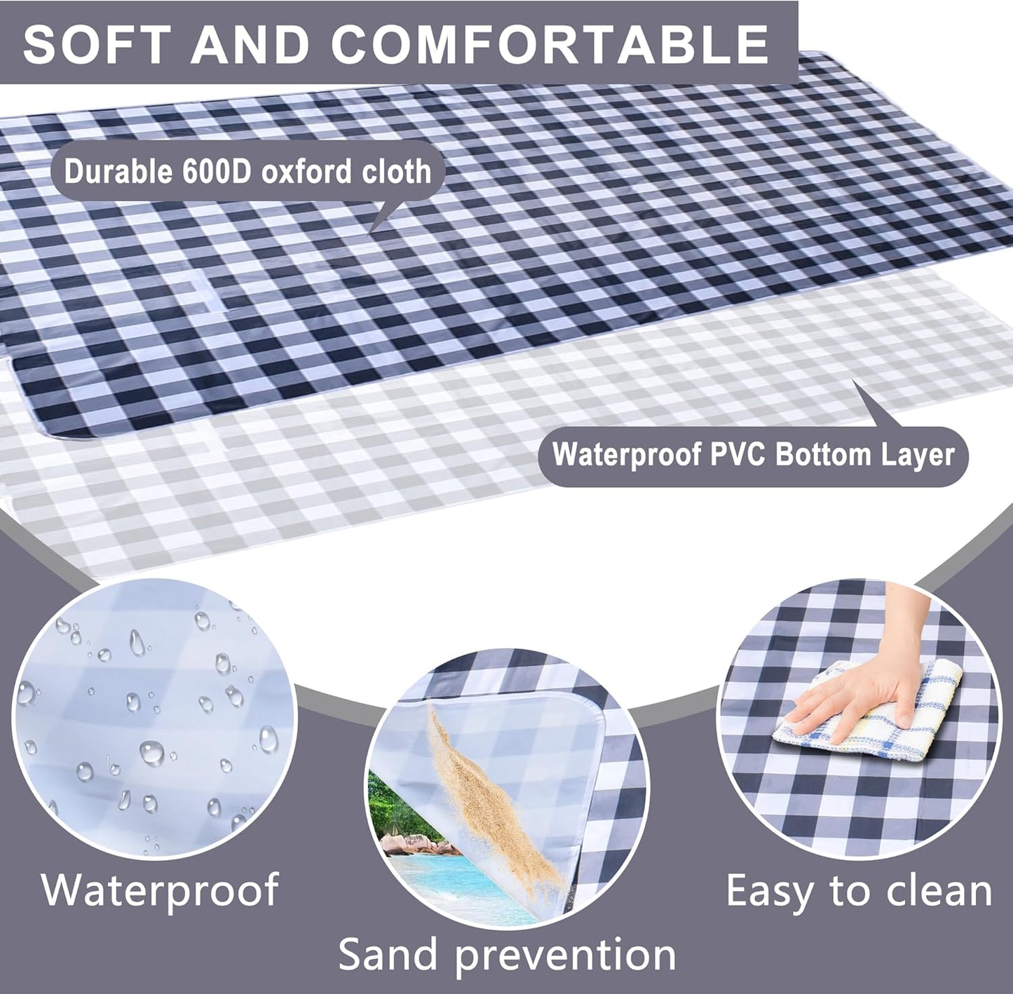 80"x60" Waterproof Sandproof Picnic Mat - Portable Foldable Outdoor Blanket for Beach, Park, Travel & Indoor Use - Lightweight Compact Design, Easy-Carry (Gray&White)