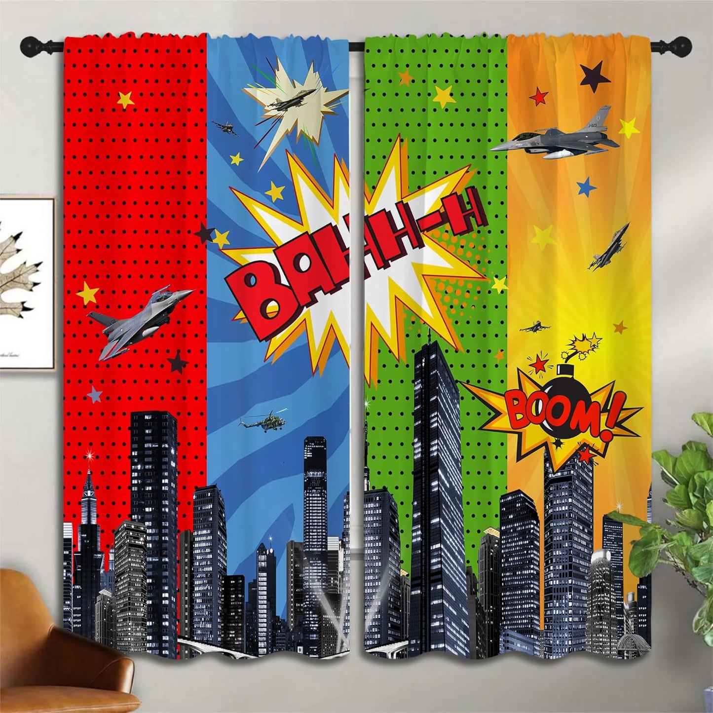 Superhero Rod Pocket Blackout Curtains for Boy Girl Bedroom, City War Explosion Comics Art Thermal Insulated Home Window Drapes for Living Room Darkening, 55x63 inch