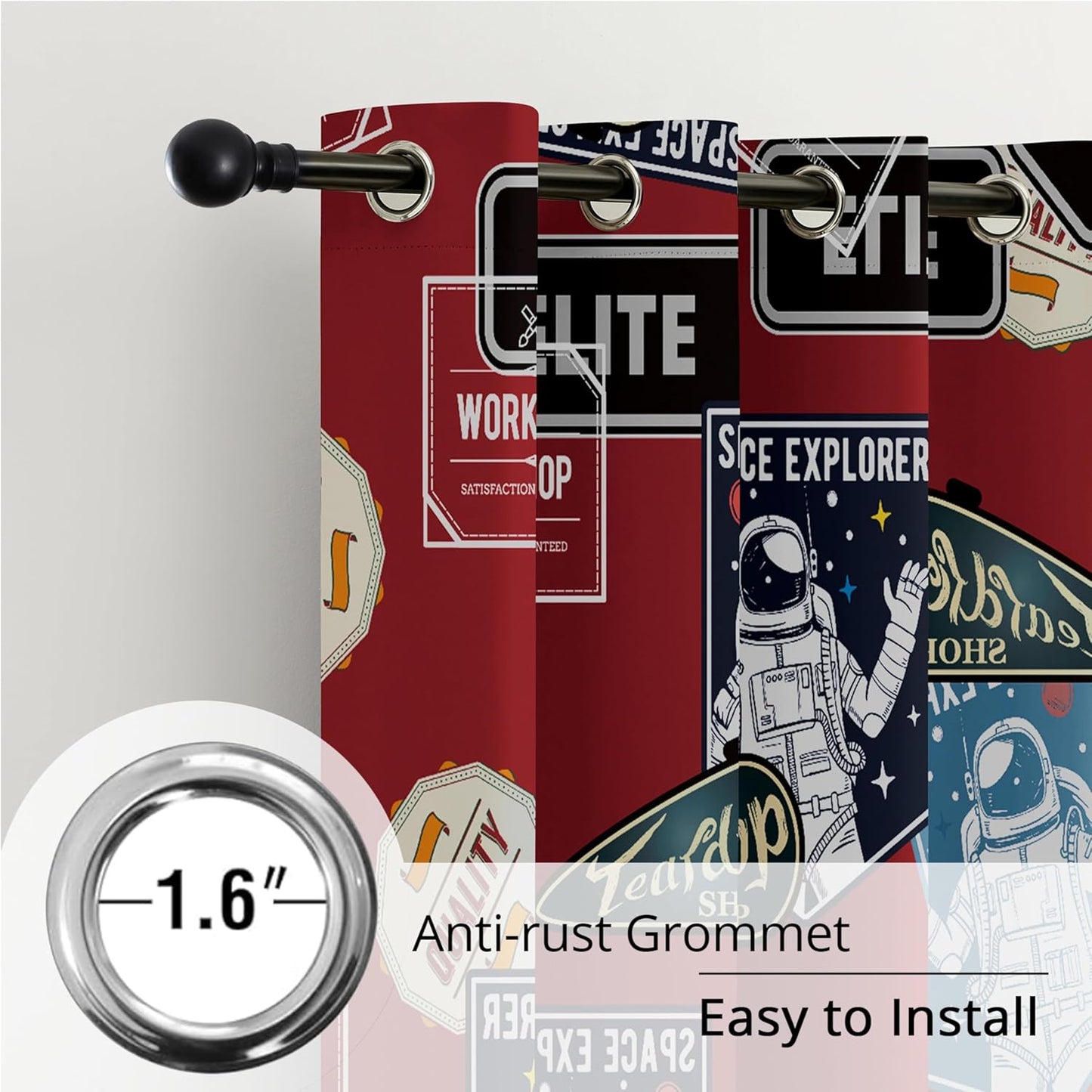 Kids Space Astronaut Blackout Curtains - 100% Blackout, Thermal Insulated, Noise Reducing, Perfect for Kids Room and Nersurys, 2 Panels (Space Badge Crew, W52×L63)