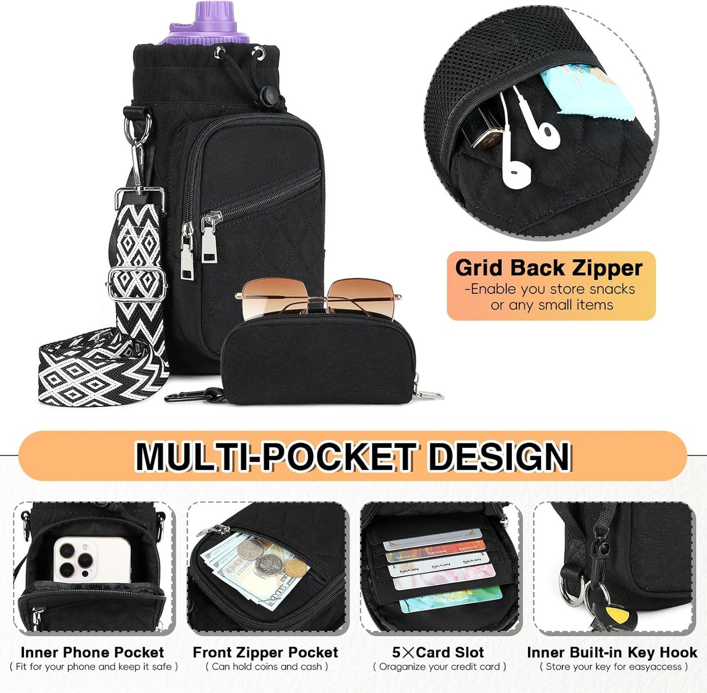 Water Bottle Carrier Bag with Strap, Water Bottle Holder Crossbody Bags for Women Men for Walking, Hiking,Cycling