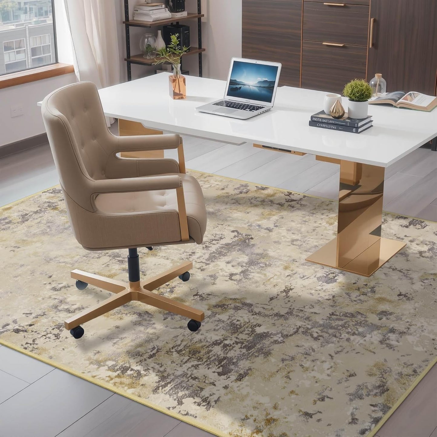 Area Rug 4x6 Washable Beige Rug for Bedroom, Abstract Modern Living Room Rugs Non Slip Low Pile, Carpet for Kitchen, Nursery, Kids Room, Office