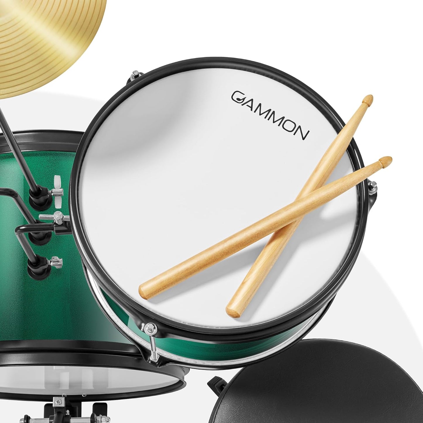 Gammon 3-Piece Junior Drum Set with Throne - Green, Complete Beginner Kit with Bass Drum, Toms, Cymbal, Pedal, and Drumsticks