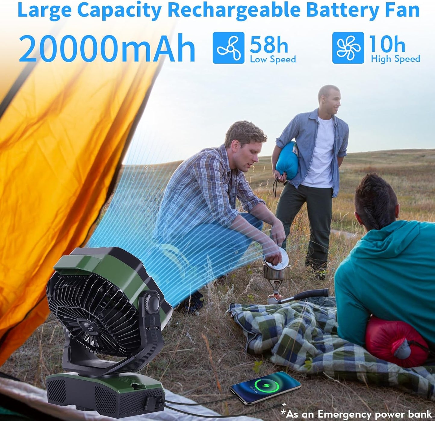Camping Fan 20000mAh Rechargeable Battery Operated fan Outdoor Tent Fan with Light & Hook, knob Speeds, Personal USB Desk Fan for Camping, Power Outage Jobsite Green X68