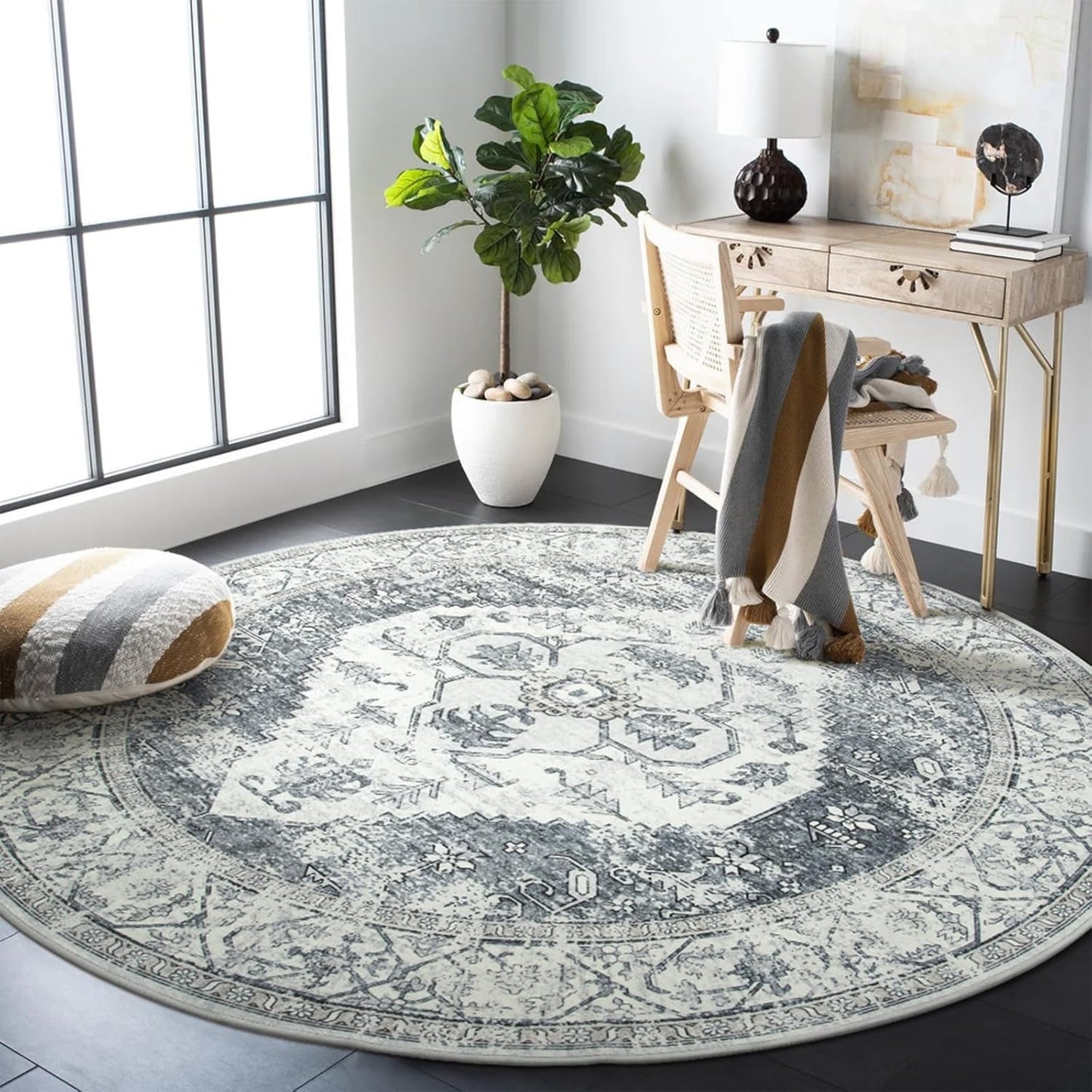 Lahome Boho Round Rugs - 6ft Washable Round Area Rugs for Living Room Grey Non-Slip Throw Dining Room Rug Large Circle Bedroom Rug, Oriental Distressed Print Indoor Rug Round for Entryway Office