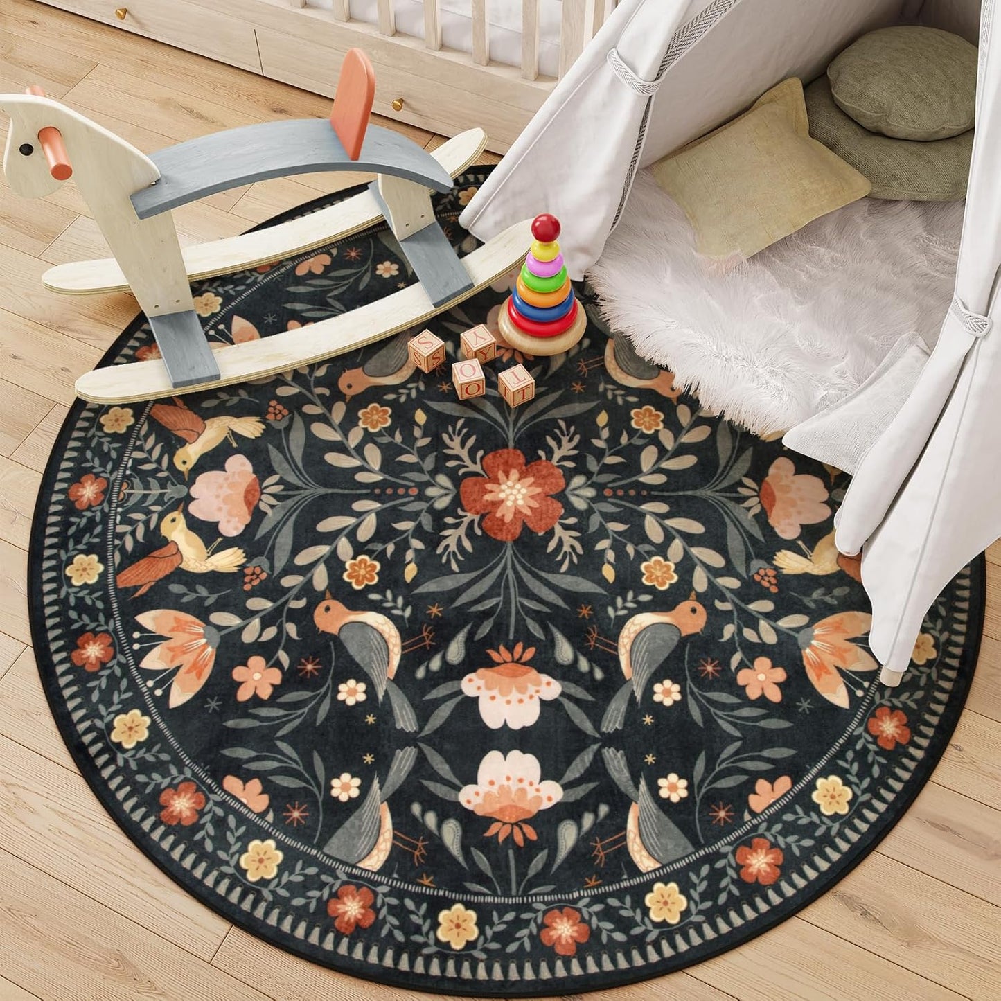 Moynesa Washable Round Rug 6ft, Ultra Thin Circle Living Room Area Rug Non Slip, Low Pile Soft Indoor Boho Bird 6'x6' Black Large Throw Carpet for Dining Room Under Table Office Bedroom