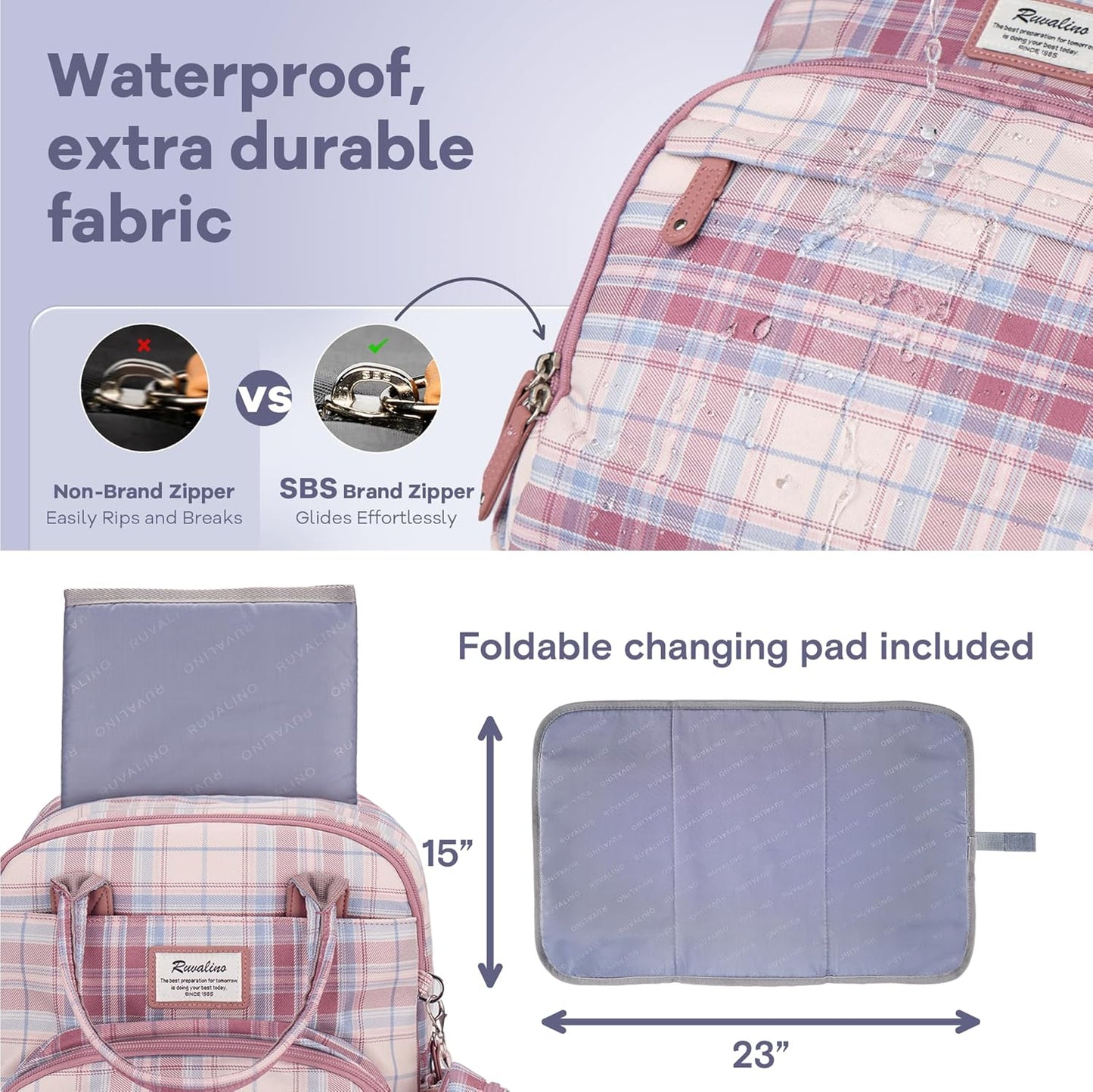 RUVALINO Diaper Bag Backpack, Multifunction Travel Pack Maternity Baby Changing Bags, Large Capacity, Waterproof, Pink Plaid