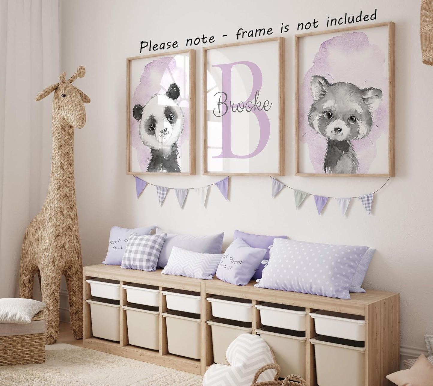 Safari Animals Set of 3 Unframed Poster Prints for Baby Girls Nursery Bedroom Playroom, Personalized Name, Choice of 12 Animals, Pink Purple (9x12)