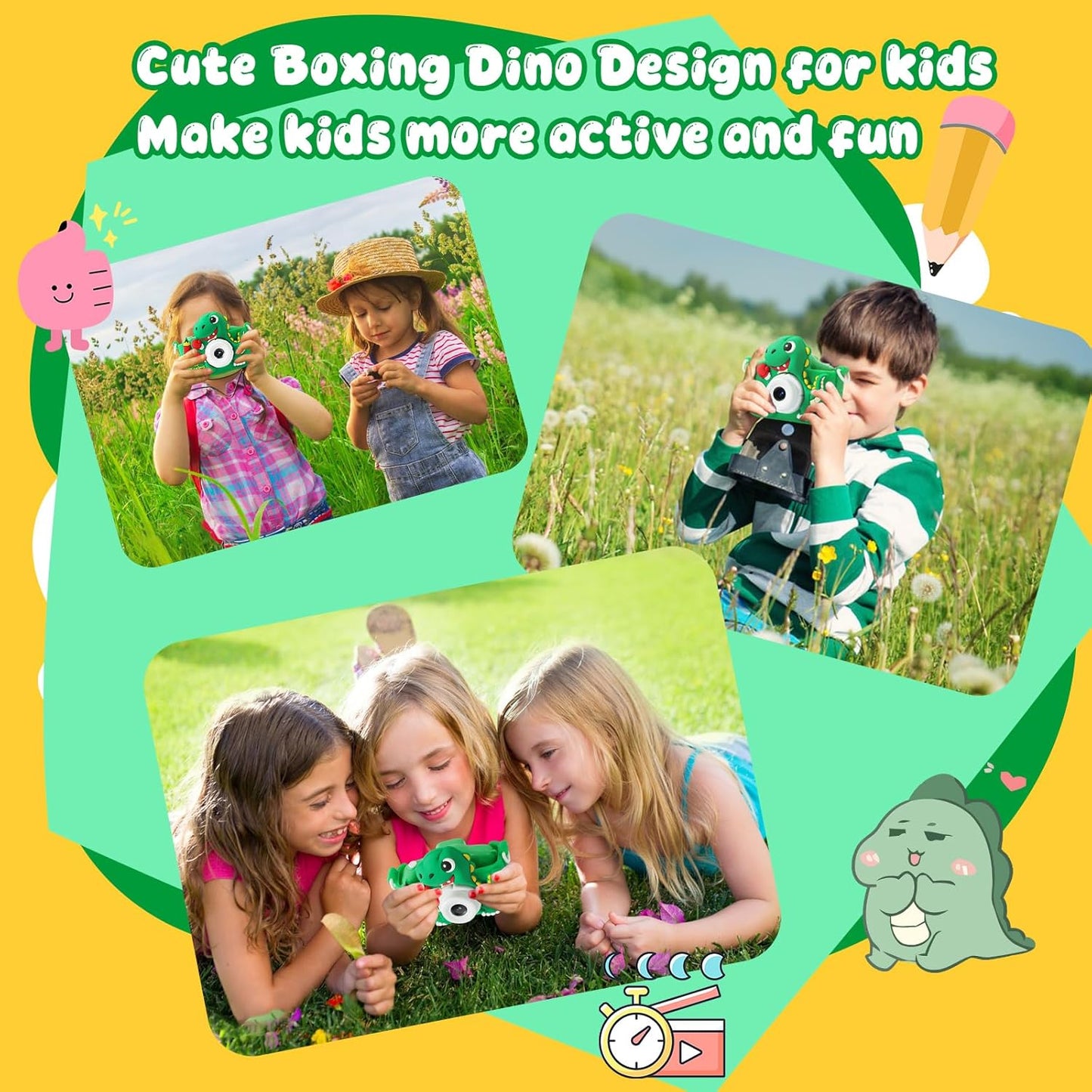 Kids Camera, Dinosaur Kids Camera for Kids Boys, Toddler Camera Digital Camera for Kids Age 3-12, Christmas Birthday Gifts Toys for 3 4 5 6 7 8 9 10 Years Old Boys, 1080P HD Selfie Video Camera