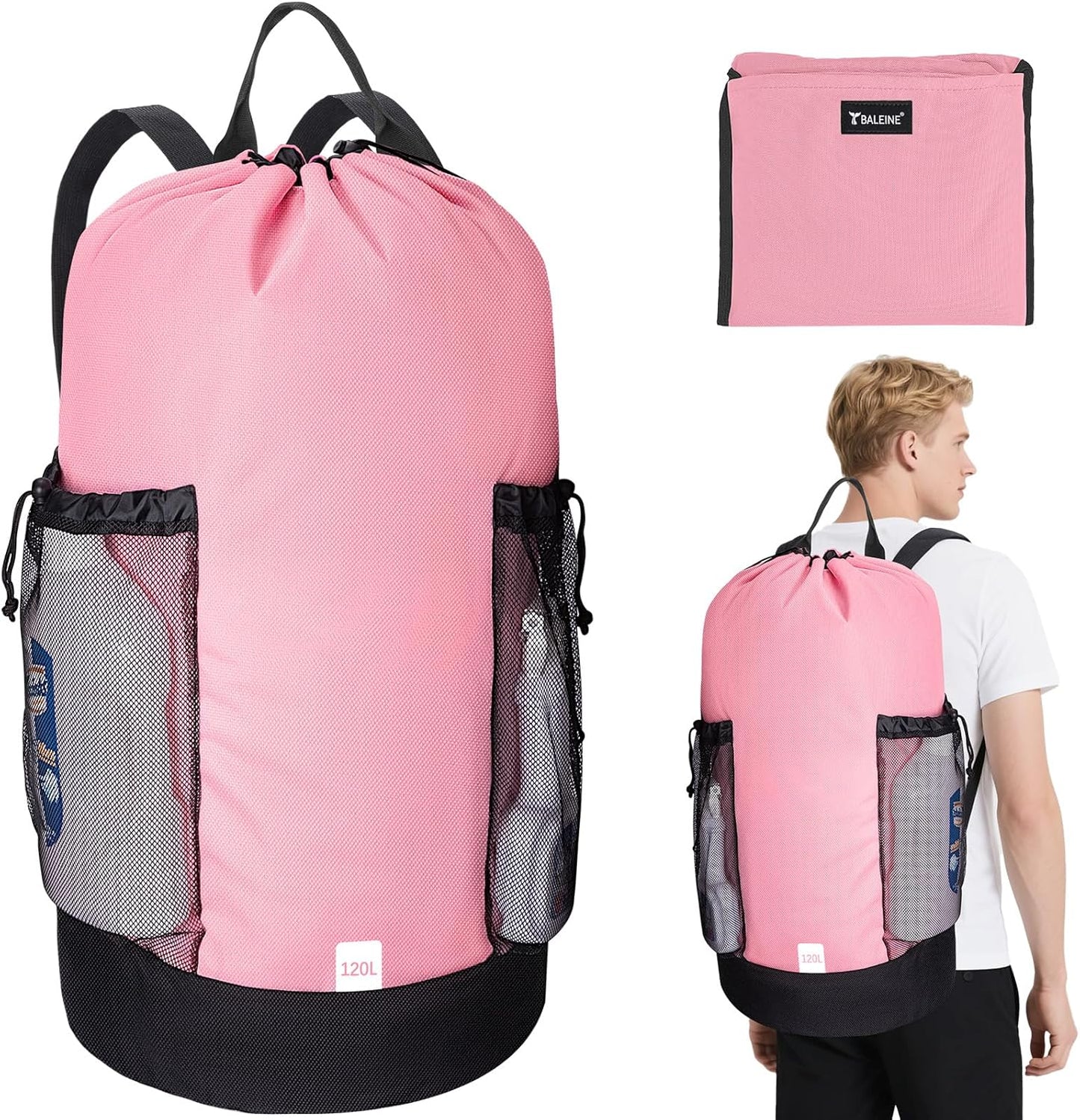 BALEINE 120L Laundry Bag Backpack, 900D Oxford Fabric Large Travel Laundry Bags with Shoulder Straps and 2 Mesh Pockets for College Dorm, Apartment, Laundromat (Pink, 120L)