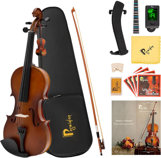 Poseidon Stringed Musical Instruments - Premium Handcraft Violin for Kids Adults 4/4 Violin w/Case, Violin Bow, Horse Bridge, Extra Strings, Shoulder Rest, Rosin, Clip-on Tuners - Natural Matte