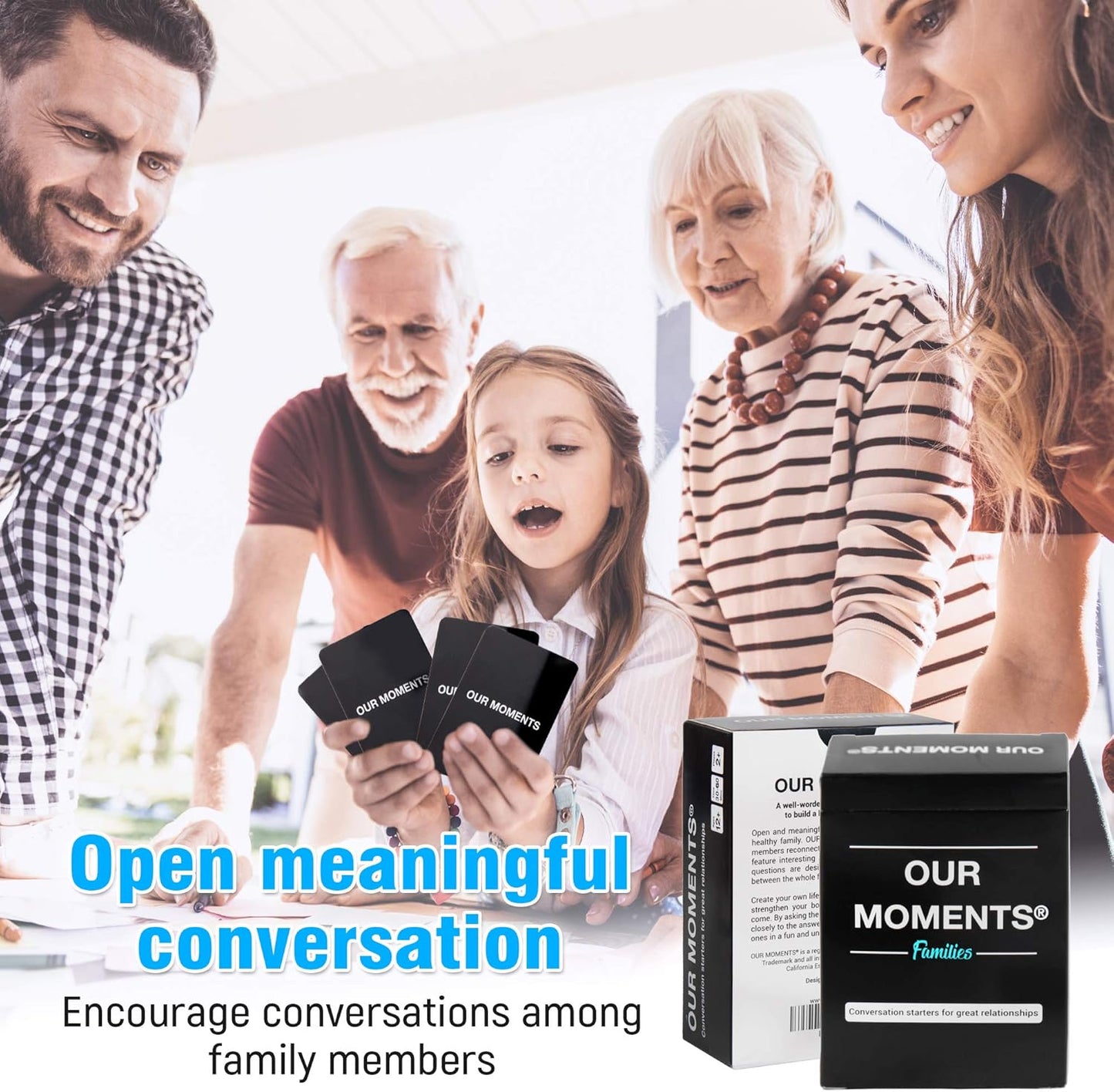 OUR MOMENTS Families: 100 Conversation Starter Cards for Families and Kids - Relationship Building - Car Travel, Road Trip & Card Game for Healthy Loving Family - Questions for Family Activities