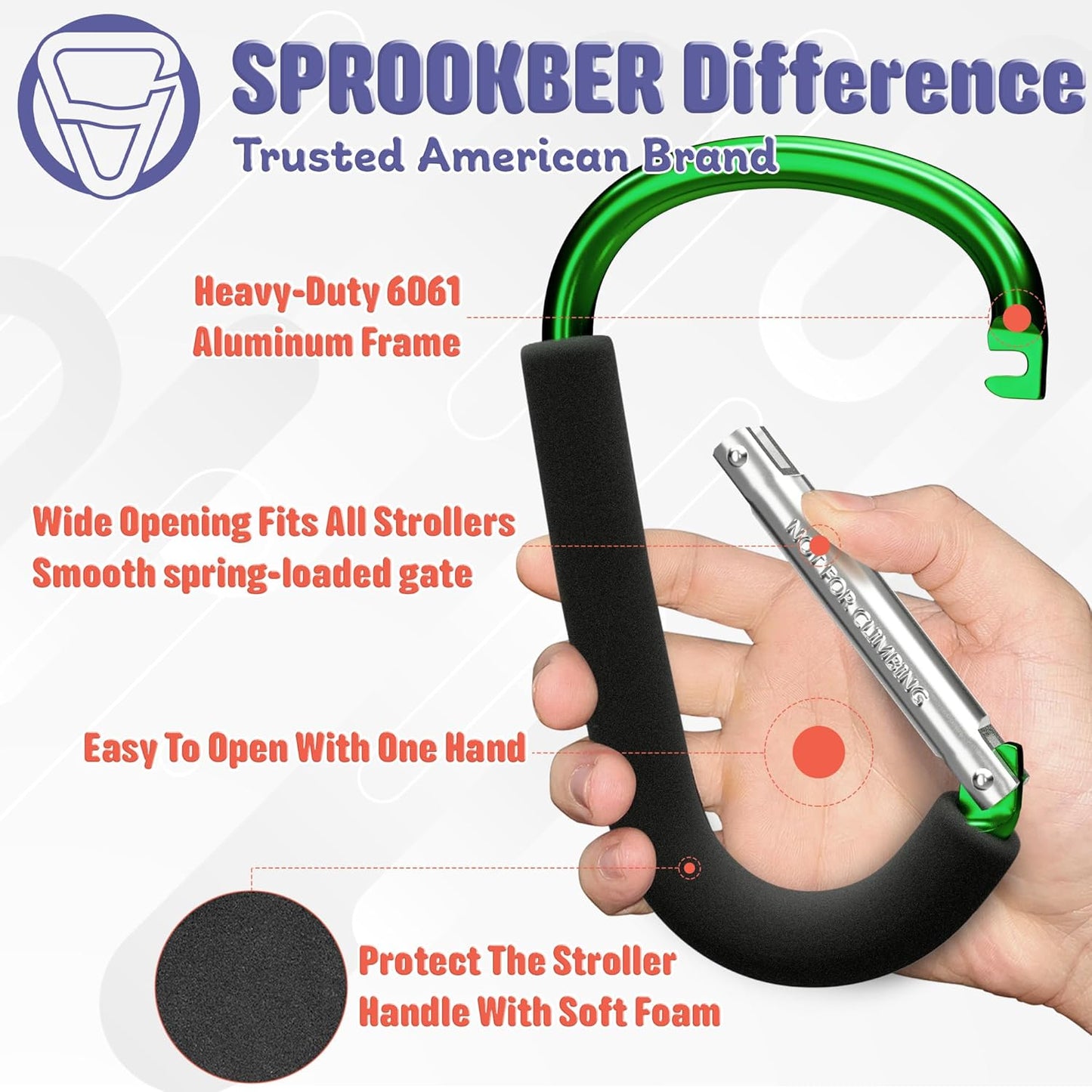 sprookber 6.7 Inch Large Stroller Hooks for Diaper Bags & Purses, Heavy Duty Mommy Hooks for Shopping, Grocery, Backpack – Baby Stroller Accessories, Set of 2 (Green)