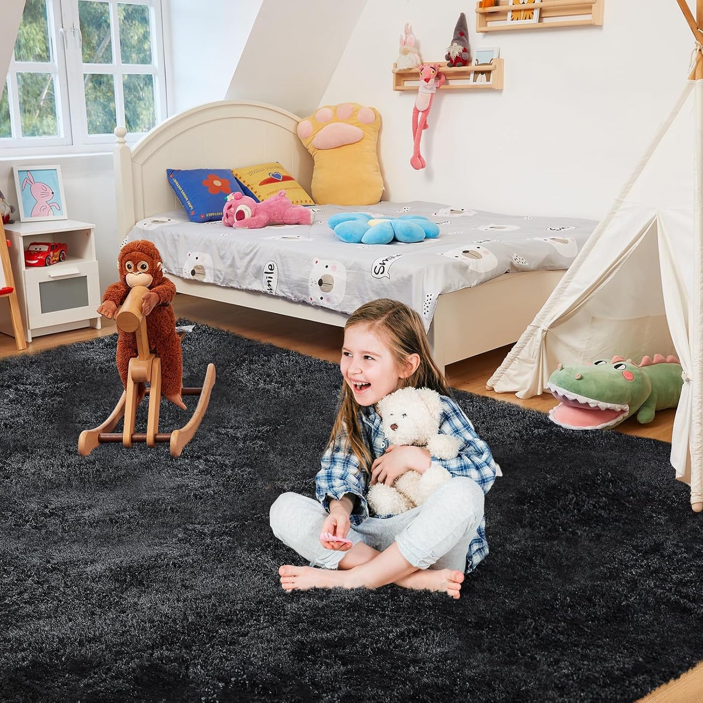 Ultra Soft Rug for Living Room, 8X10 Fluffy Shag Area Rug for Bedroom, Modern Shaggy Carpets Fuzzy Rug for Teens Dorm Nursery Home Decor Aesthetic, Upgrade Anti-Skid Durable, Black