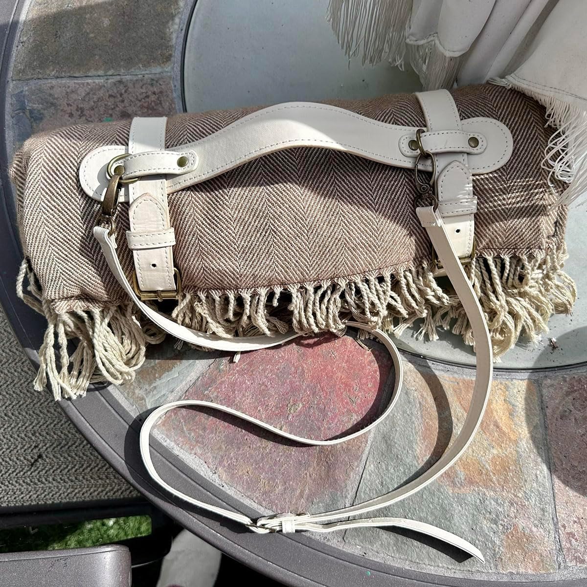 Picnic Blanket Extra Large Waterproof with Strap 59"x79" - Machine Washable Tassels Faux Wool Cashmere for Park, Grass, Camping, Hiking, Concerts (Deep Tan with white shoulder strap, 59"X79")