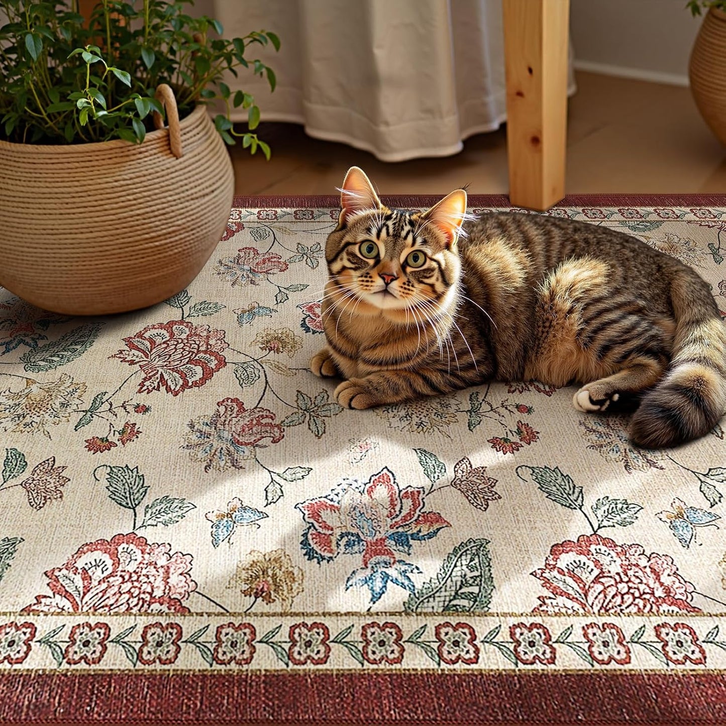 jinchan 8x10 Floral Rug for Living Room Washable Bedroom Rug Vintage Romance Design Non Slip Thin Indoor Floor Cover Large Low-Profile Throw Carpet for Dining Room Office, Red/Beige