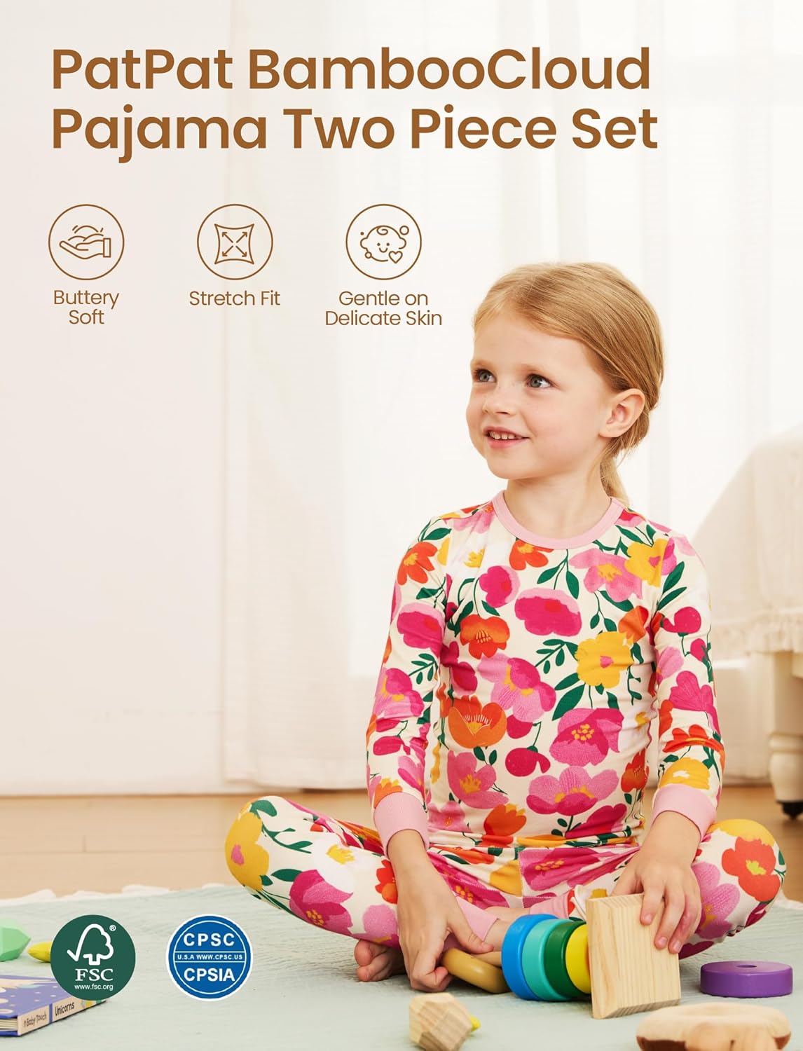 PATPAT Bamboo Viscose Pajama Set for Toddlers with Improved Tensile Strength, Snug Fit Pjs Sleeper for Baby Boys Girls Kids