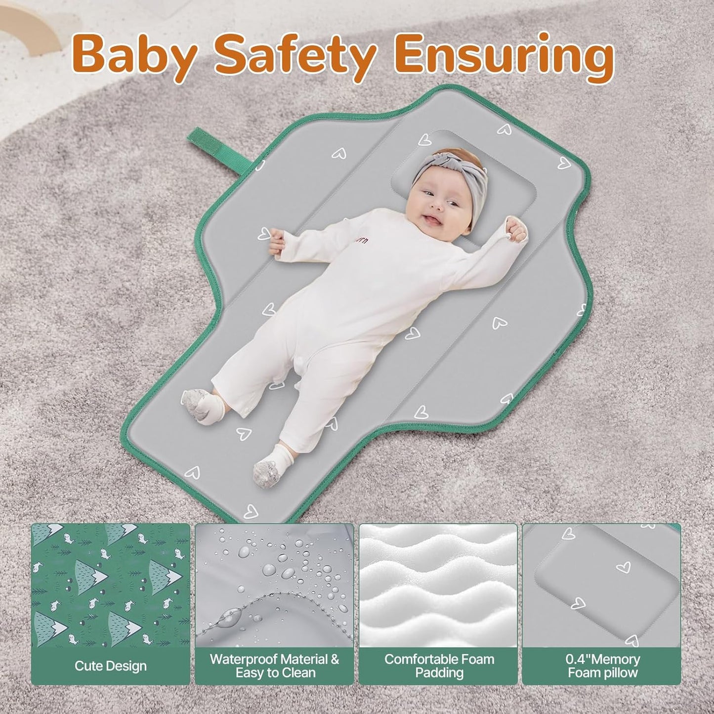 Portable Diaper Changing Pad, Waterproof Baby Changing Mat, Foldable Travel Baby Changing Station, Newborn Essential Baby Shower Registry Gift (Green-Rabbit)