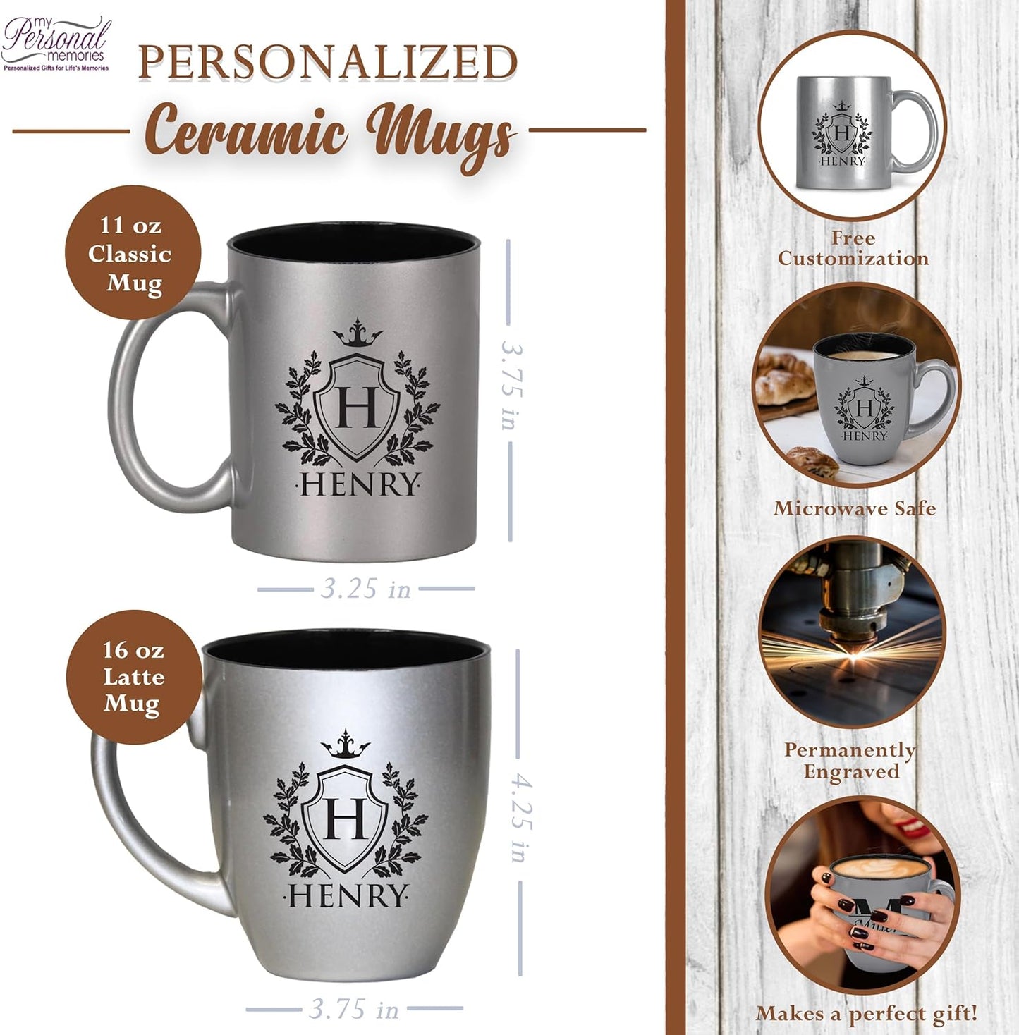 My Personal Memories Custom Monogrammed Coffee Latte Mug and Tea Cup - Personalized and Engraved (Silver)
