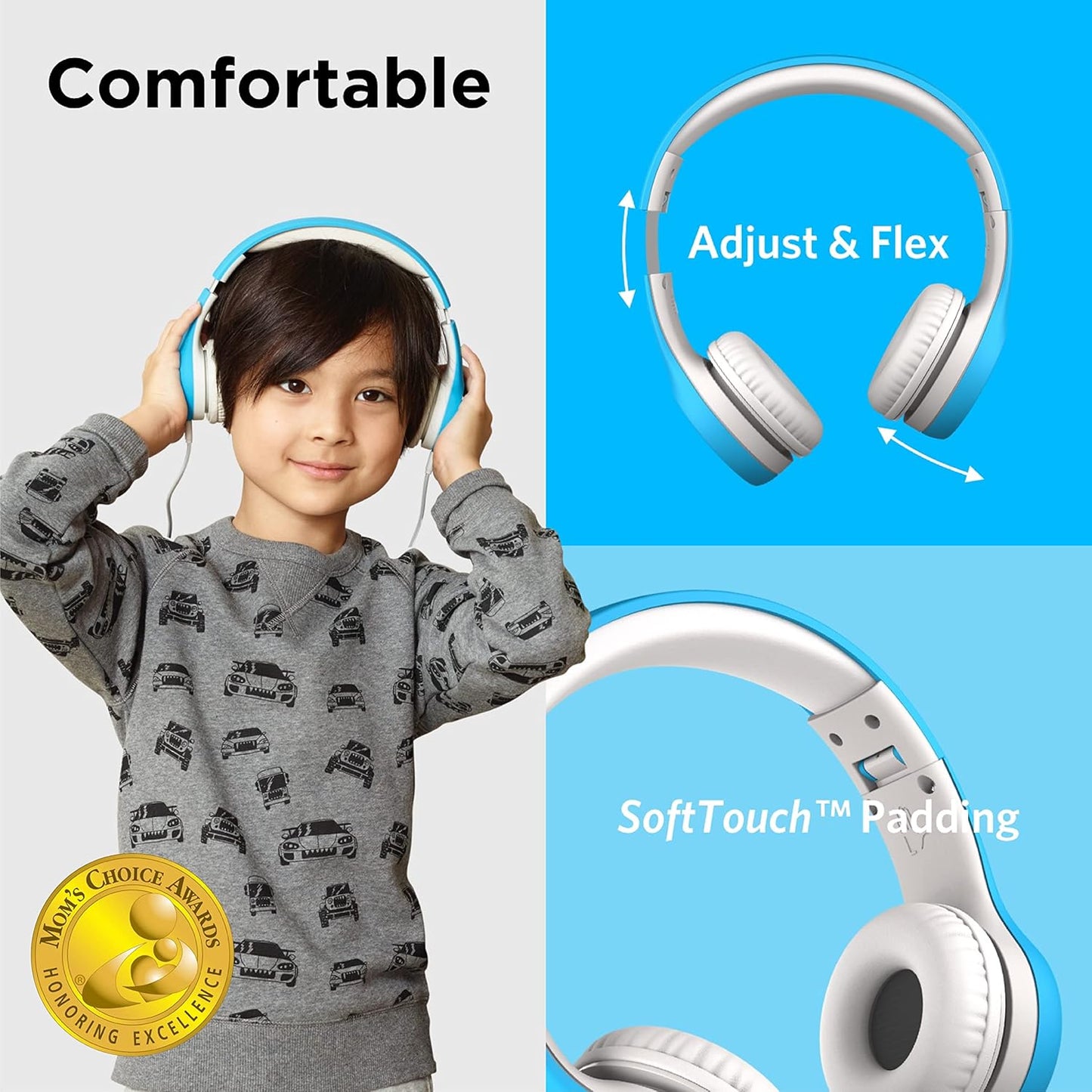 LilGadgets Connect+ Wired Kids Headphones for School with Mic, Volume Limited & Noise Reduction, On-Ear Headset with Cord, SharePort Technology for Multiple Kids & SoftTouch Padding, Blue