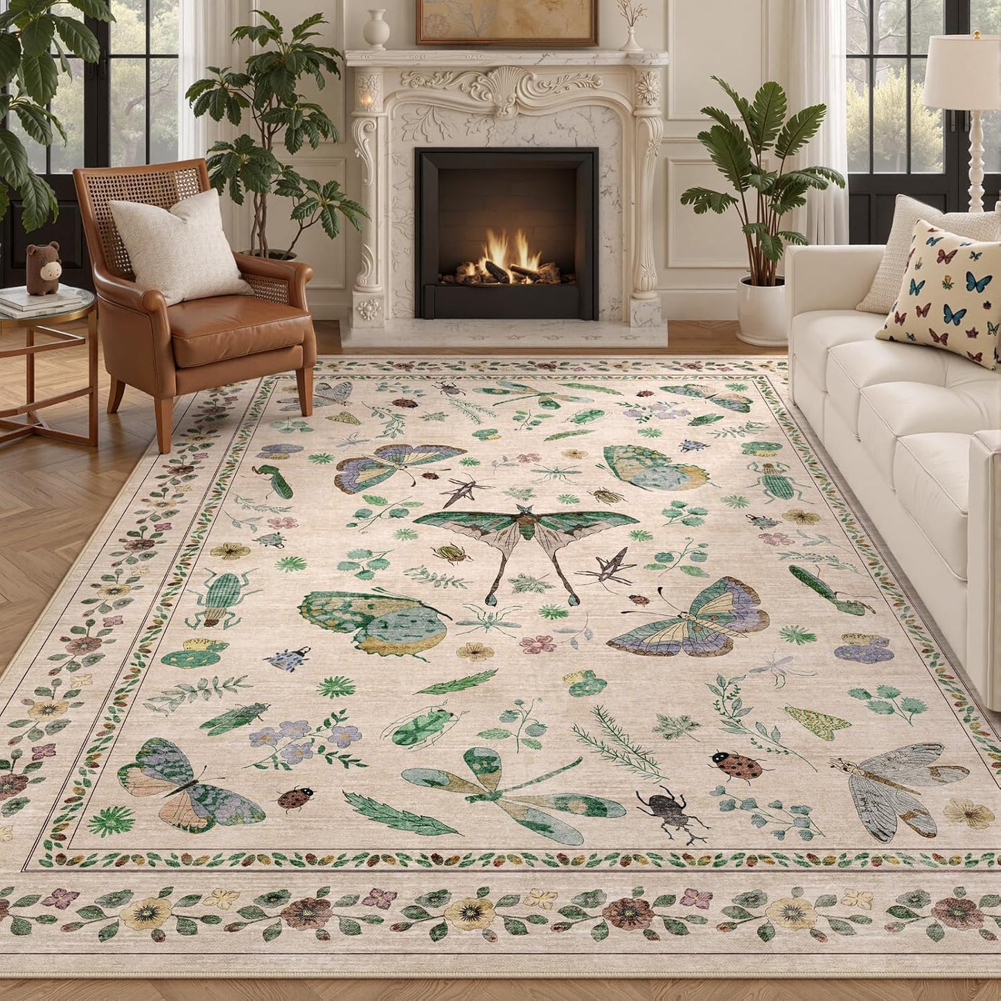 8x10 Area Rugs with Insect Print - Bug Rug Non-Shedding Stain Resistant Soft Carpet for Bedroom, Low Pile Ultra-Thin Machine Washable Carpet for Dining Room, Kids Nursery, Office (8'x10' Beige)