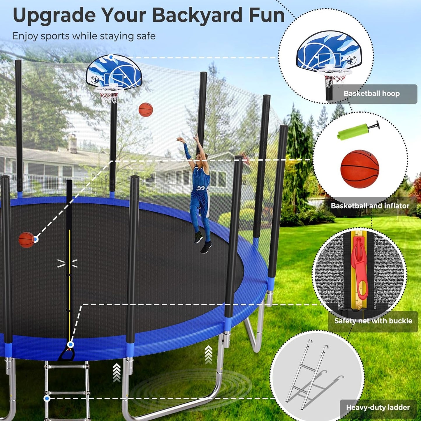 Upgraded 10/12/14/15/16FT Trampoline Outdoor, Large Kids Trampoline with Light, Stakes, Sprinkler, Backyard Trampoline with Basketball Hoop and Net, Capacity for 4-6 Kids and Adults