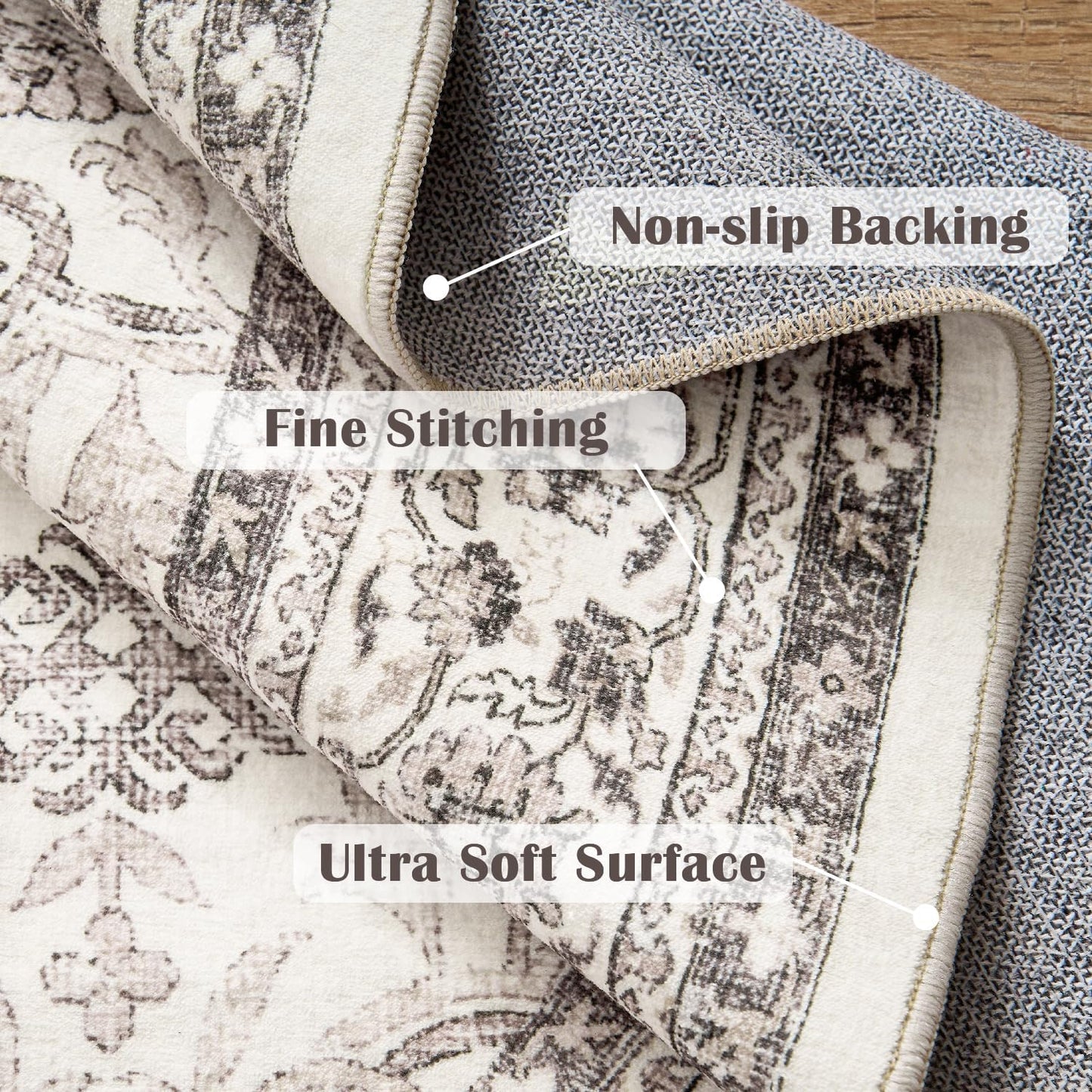 jinchan Round Rug 5ft Washable Circle Soft Rug - Low Pile Vintage 5'Round Indoor Beige Floral Print Stain Resistant Boho Carpet Ultra-Thin Non-Slip for Entryway Nursery Bedroom Dining Room Kitchen