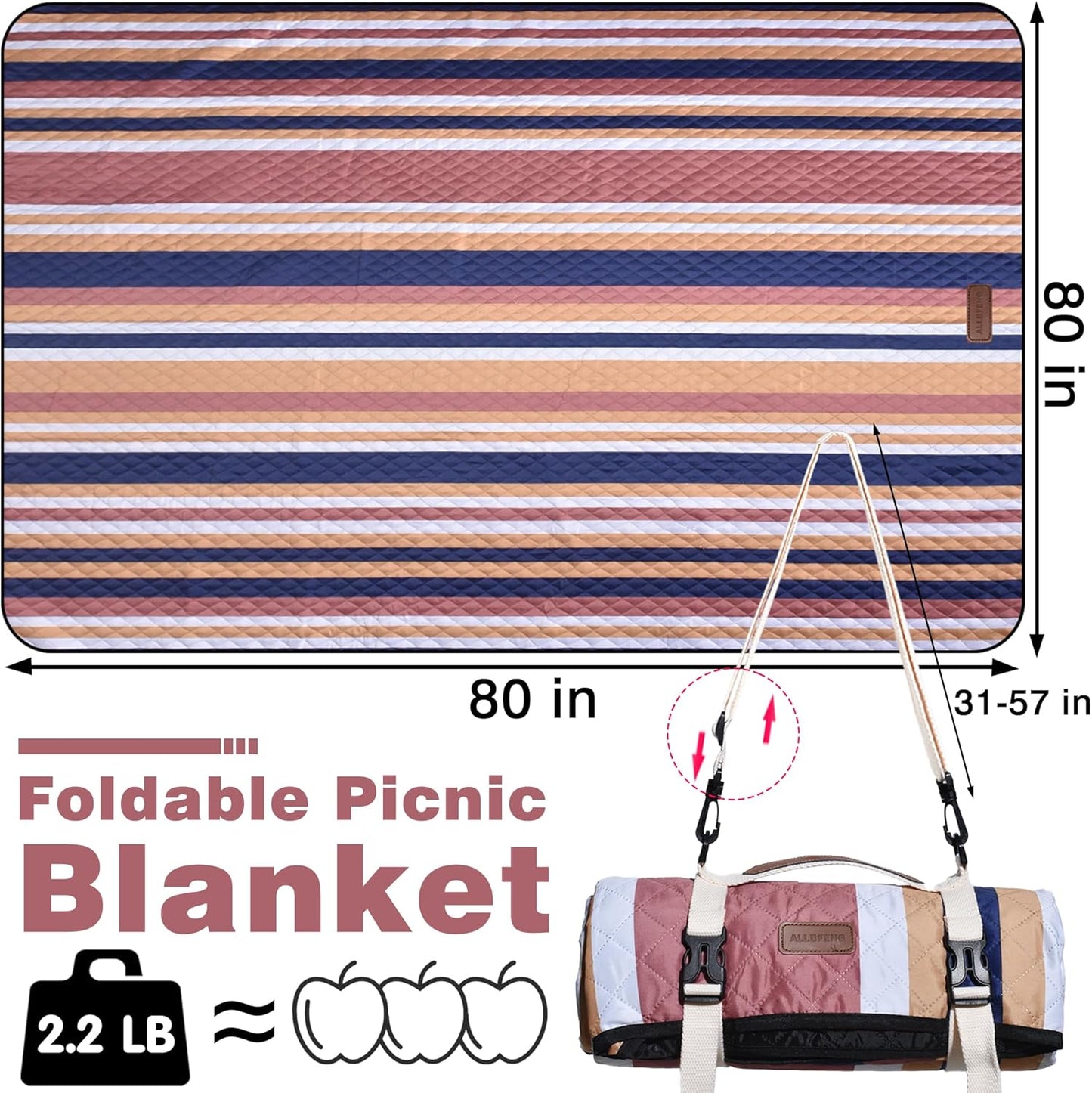 Waterproof Picnic Blanket 80" x 80" in Portable with Carry Strap for Beach Mat or Family Outdoor Camping Party, Park Blanket for Grass Park, Hiking, Travel, Concerts (Brown&Orange, 80" x 80")