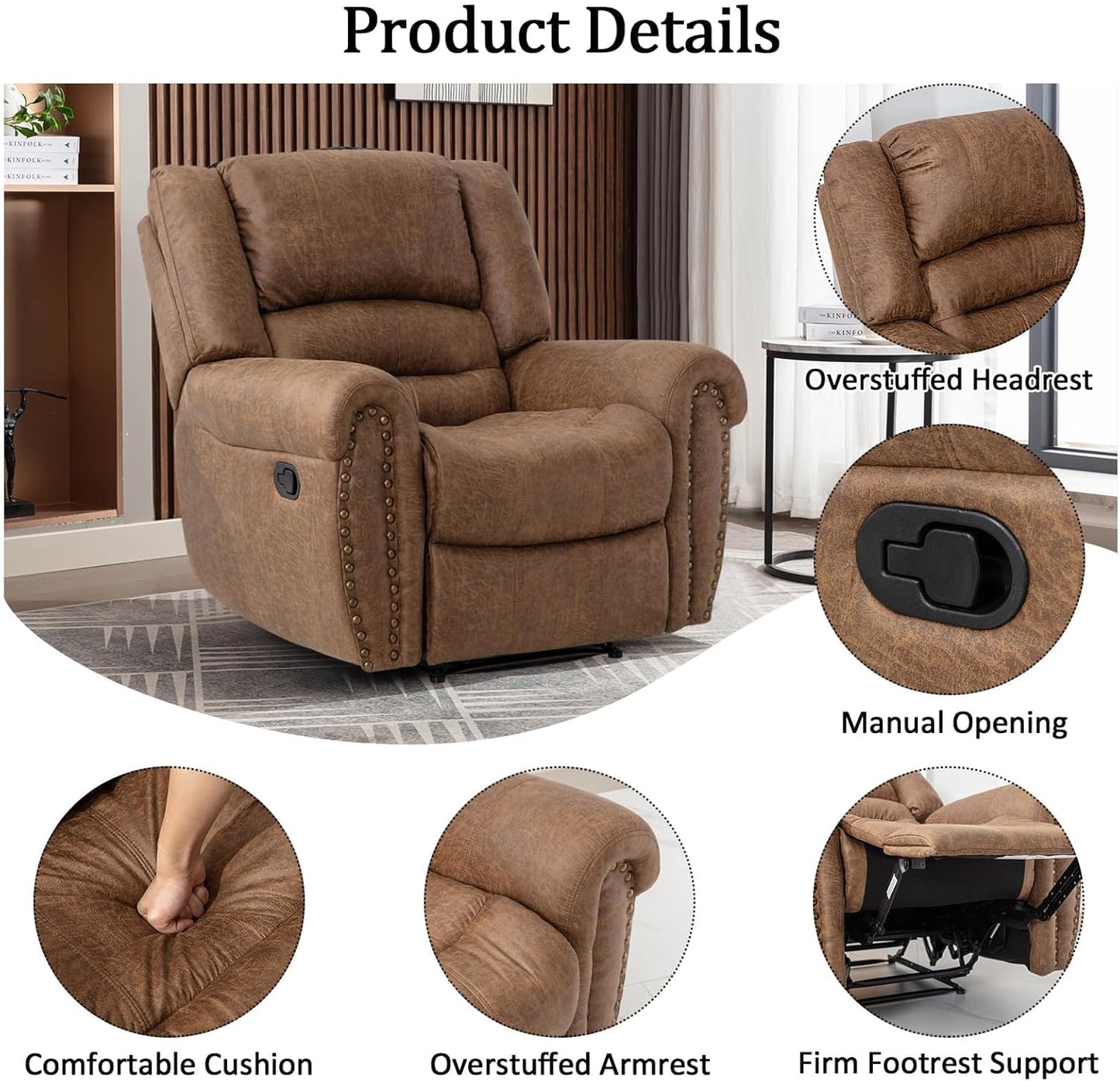 CANMOV Leather Recliner Chair Set of 2, Classic and Traditional Manual Recliner Chair with Comfortable Arms and Back,Manual Single Recliner Sofa for Living Room, Camel
