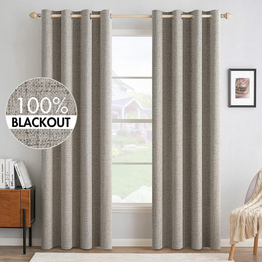 MIULEE Linen Texture 90 Inches Curtains for Bedroom 100% Blackout Thermal Insulated Linen Curtains Grommet Room Darkening Drapes for Living Room Nursery 52x90 Inch (2 Panels)