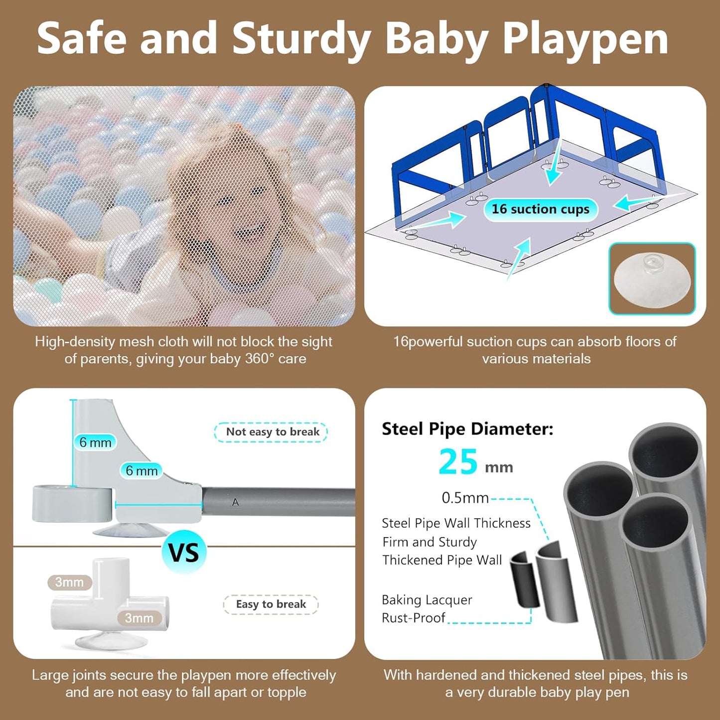 Baby Playpen,Large Play Pen for Babies and Toddlers with Door 79x71 Inch, Adjustable Playpen Non-Slip Suction Cups Base Safe and Sturdy, Indoor Outdoor Playard,Black