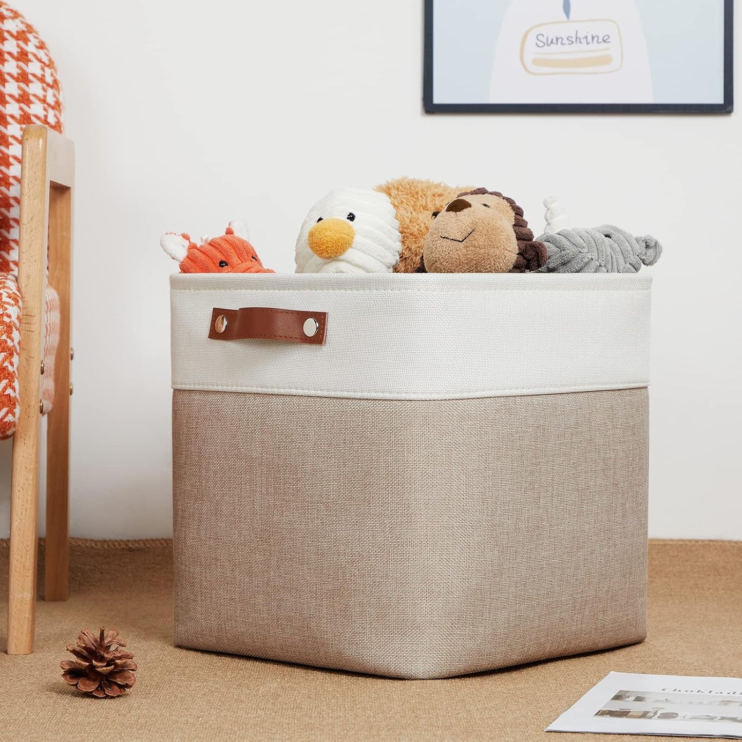 DULLEMELO Cube Storage Bins - 4 Pack Foldable Large Storage Baskets 12 inch Gifts Empty Fabric Bins for Home Office Cubes Organizer Closet, Shelves, Toy, Nursery (4 Pack - 12" White&Khaki)