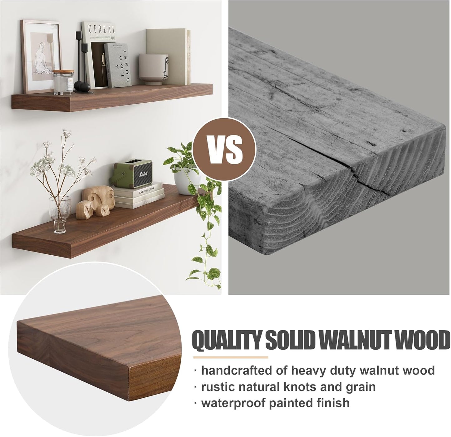 Floating Shelves for Wall, USA-Sourced Walnut Wood 48 Inch Long Wall Shelves, Natural Wooden Wall Mounted Picture Ledge Shelf, Nursery Book Storage Shelf Kids Bookshelf, Display Shelf for Bathroom