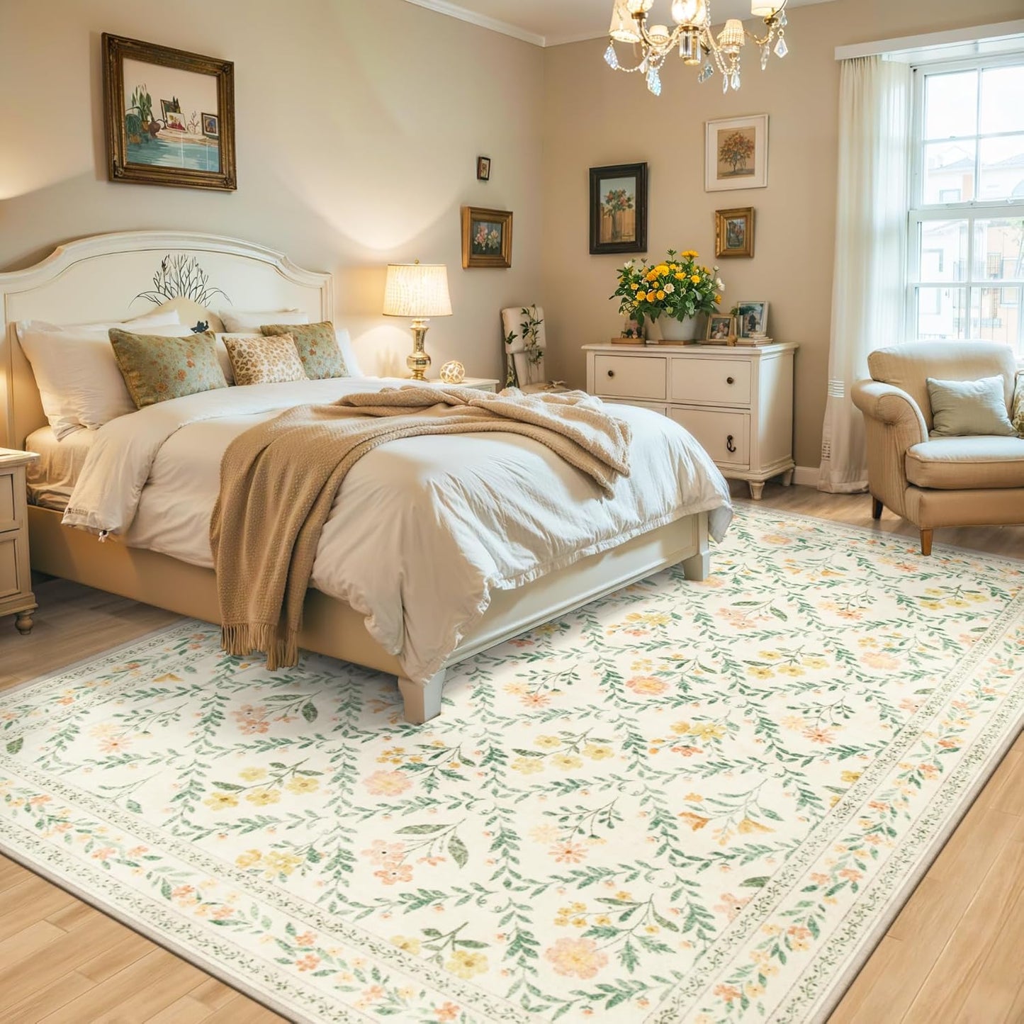 Area Rug Living Room Rugs: Floral 4x6 Washable Rug Vintage Soft Boho Non-Slip Carpet Stain Resistant Large Carpets for Bedroom Dining Room Farmhouse Nursery Hallway Home Office Beige/Multi