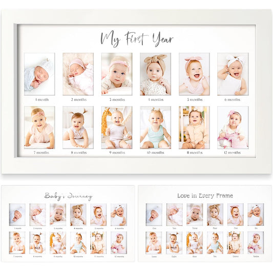My First Year Photo Frame,12 Months Baby Picture Frame for Newborn Girl,Boy-Baby Shower Gifts Keepsakes,Monthly Baby's One Year Birthday Milestone,1st Nursery Photo Collage Display Board(Alpine White)