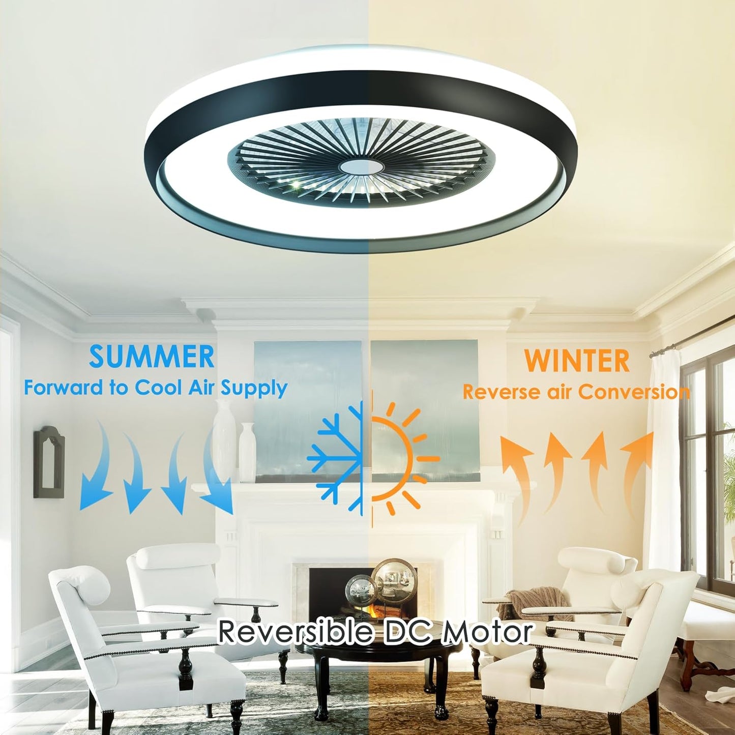 24" Bladeless Ceiling Fan with RGB Light Remote, Smart LED Ceiling Fans with Voice/App Control, Modern Low Profile Dimmable Light Ceiling Fan for Bedroom Living Room