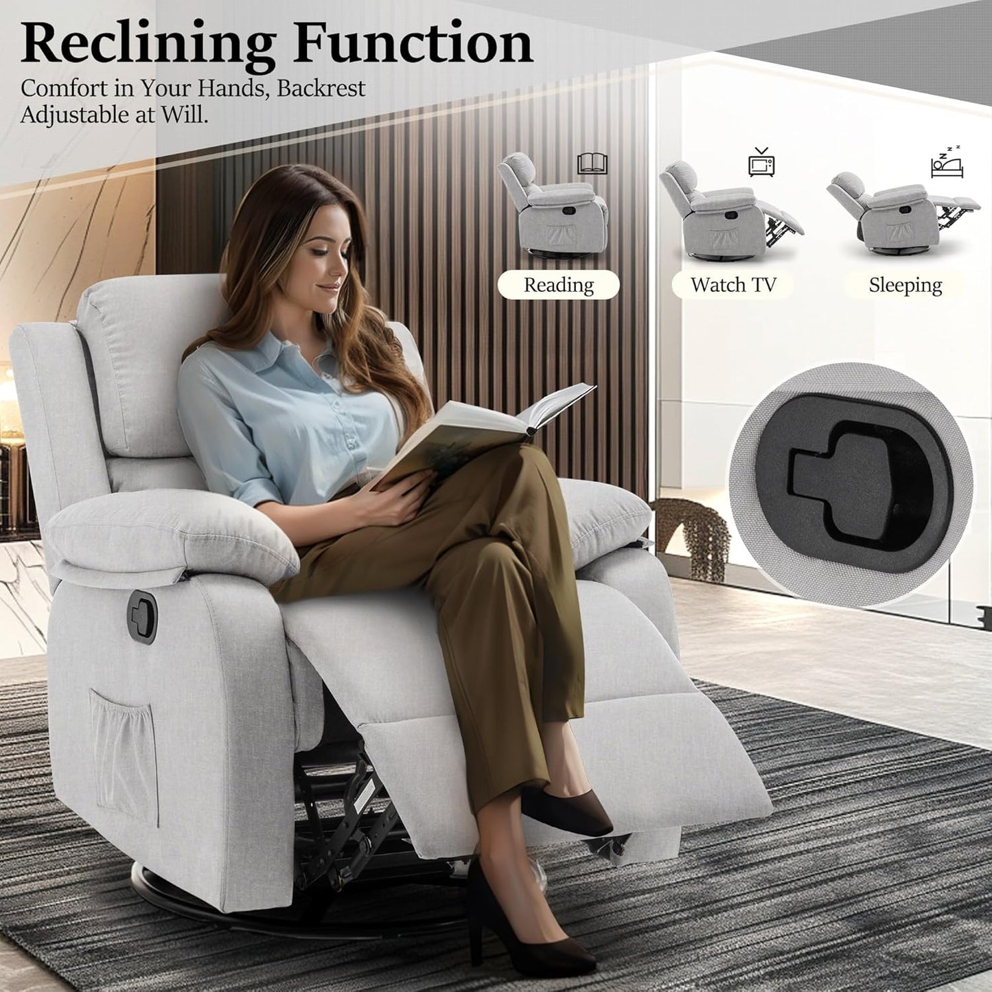 Recliner Chair, 360 Swivel Rocker Chair for Adults, Small Rocking Recliner Chair for Small Spaces, Upholstered Fabric Glider Recliner Nursery with Side Pockets for Nursery, Living Room
