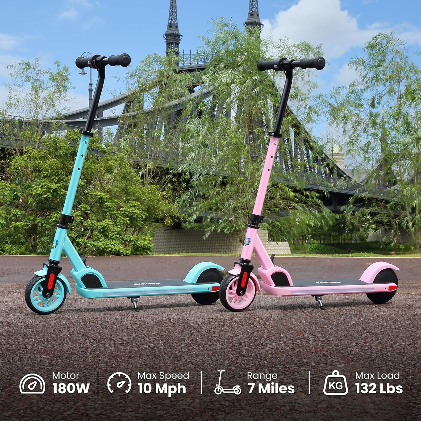 Caroma Electric Scooter for Kids Ages 6-12,150W/180WMotor,10 MPH Max Speed & 7 Miles,Colorful Lights,Adjustable Height & Speed,LED Display,Foldable Kids Electric Scooter 132 Lbs Max Load,Idea Gift