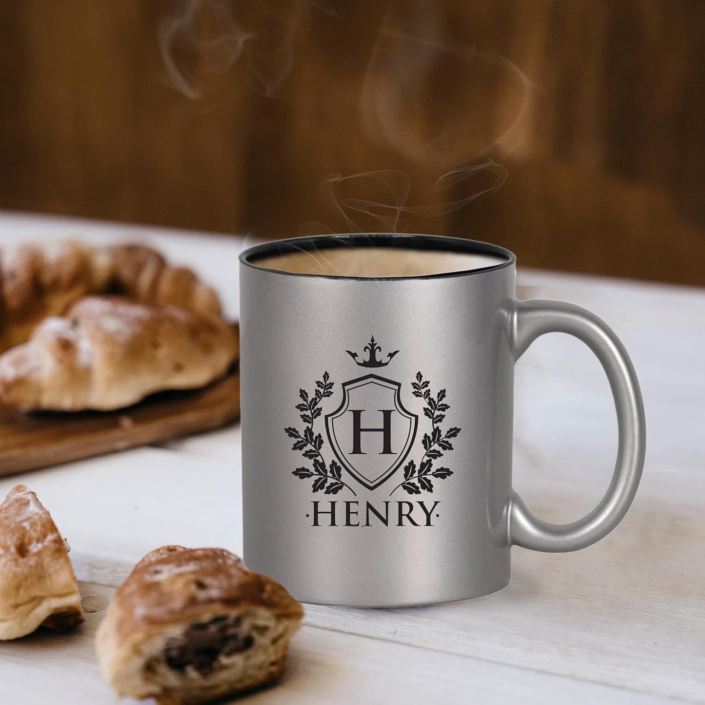 My Personal Memories Custom Monogrammed Coffee Latte Mug and Tea Cup - Personalized and Engraved (Silver)