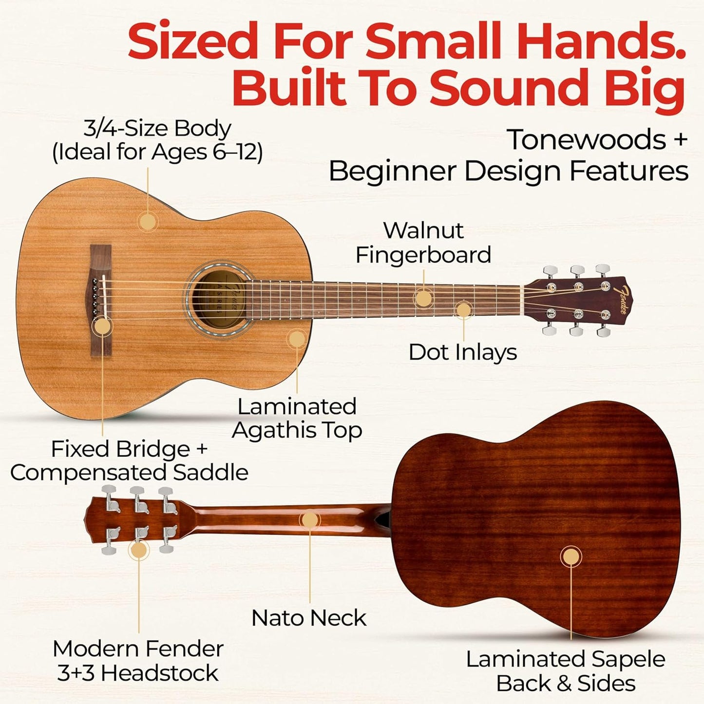 Fender FA-15 3/4-Scale Kids Steel String Acoustic Guitar - Natural Bundle with Gig Bag, Tuner, Strap, Picks, Fender Play Online Lessons, and Austin Bazaar Instructional DVD