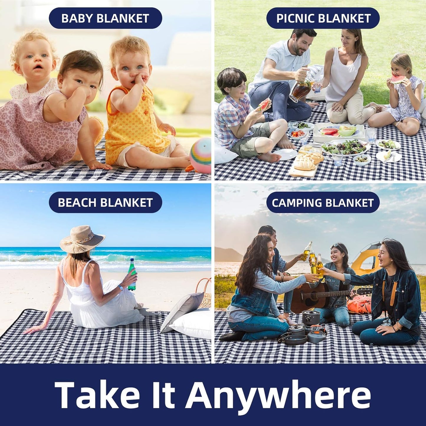 ZAZE Picnic Blankets Machine Washable, 80''x80'' Extra Large Waterproof Sandproof Foldable Compact Beach Blanket, Oversized XL Outdoor Mat for Spring Summer Camping, Park, Travel Grass(Blue and White)