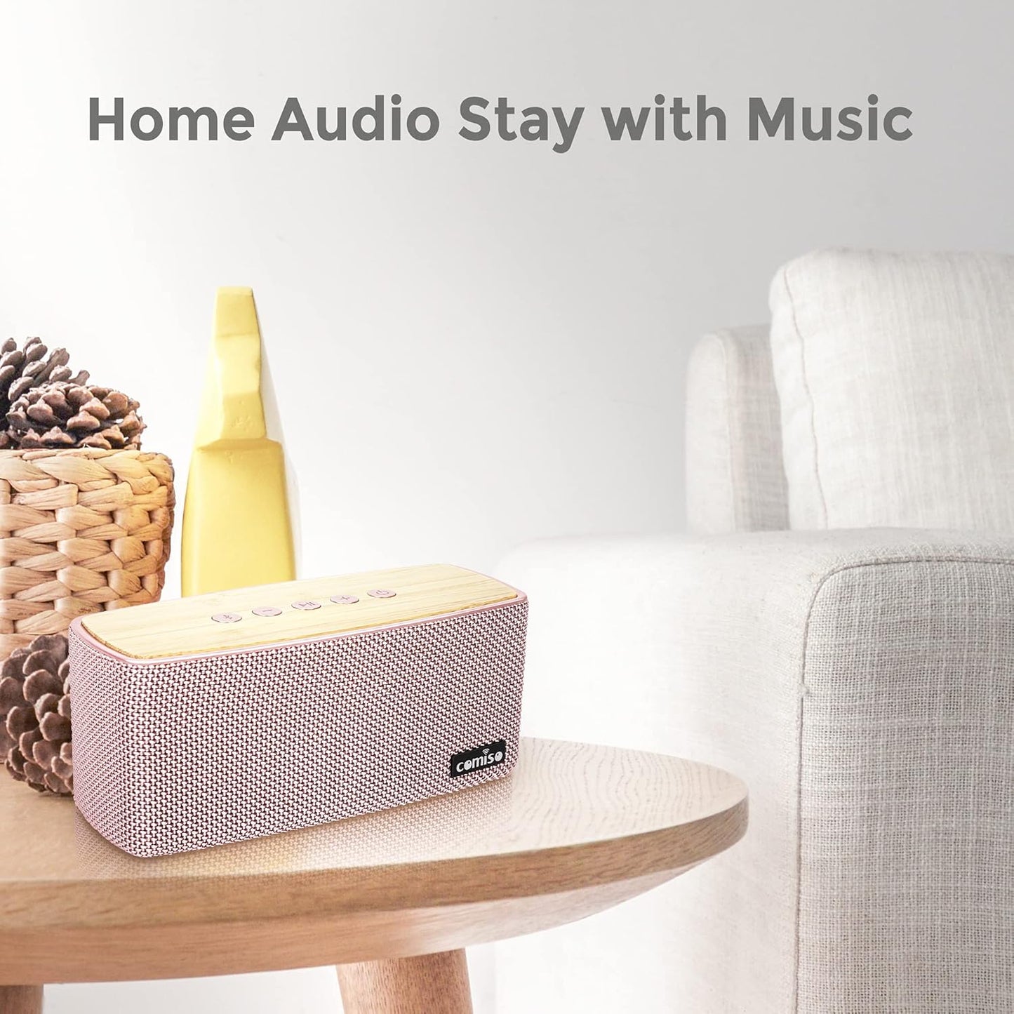 comiso Bluetooth Speakers, 20W Loud Wood Home Audio Outdoor Portable Wireless Speaker, Subwoofer Tweeters for Super Bass Stereo Sound Bluetooth 5.0 Handsfree 24H Playtime (Pink)