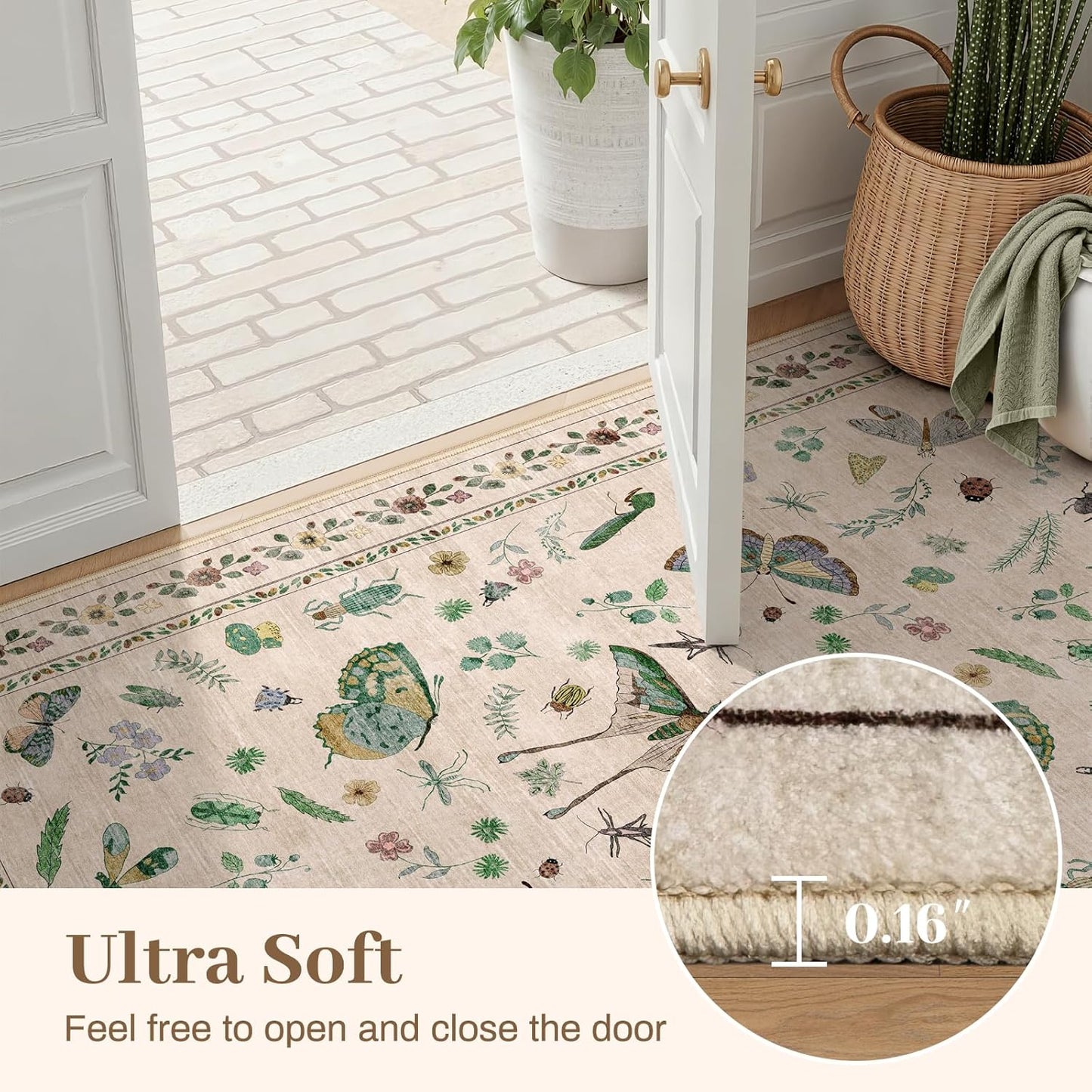 3x5 Washabl Rug with Insect Print - Bug Rug Non-Shedding Stain Resistant Soft Small Carpet for Bedroom, Low Pile Ultra-Thin Machine Washable Carpet for Nursery,Entrance, Office (3'x5' Beige)