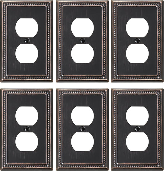 6-Pack Duplex Outlet Cover Plate, Aged Bronze Metal Wall Plates for Electrical Outlets, 1 Gang Receptacle Light Switch Cover, Pearls Decorative Switch Plates and Outlet Covers