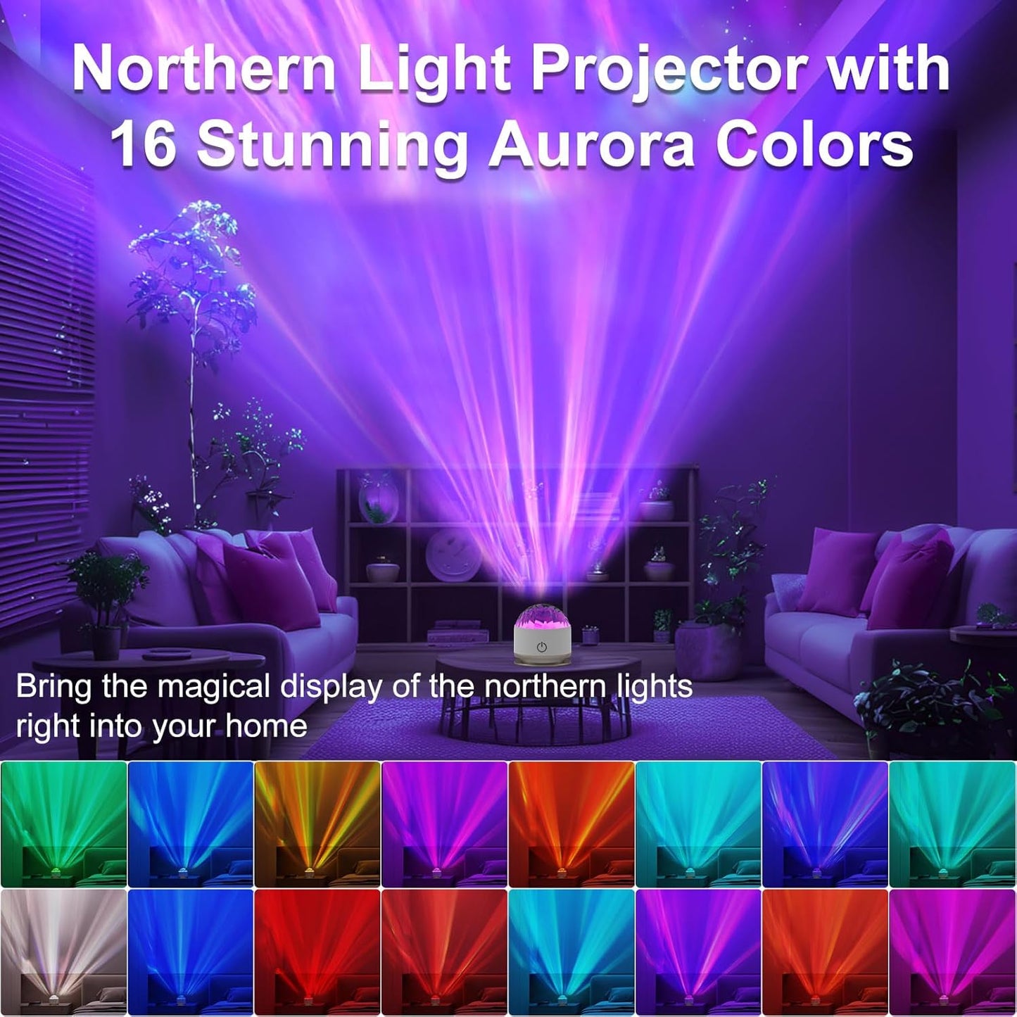 Northern Light Projector, Battery Operated Aurora Night Light, 16 Colors Galaxy Lamp Ocean Wave Ceiling Projector Mood Ambient Lighting for Bedroom Party Adults Kids Room Toddler Girl Gift
