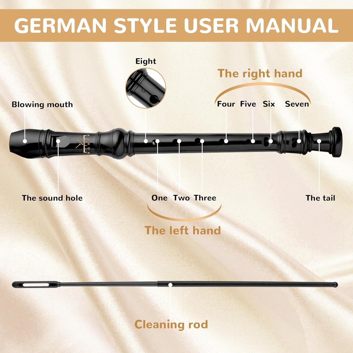 Soprano Recorder 8-Hole Instrument for Kids Beginners, German Style C Key Kids Flute with Cleaning Rod & Case Bag for School Education Home Entertainment - Black